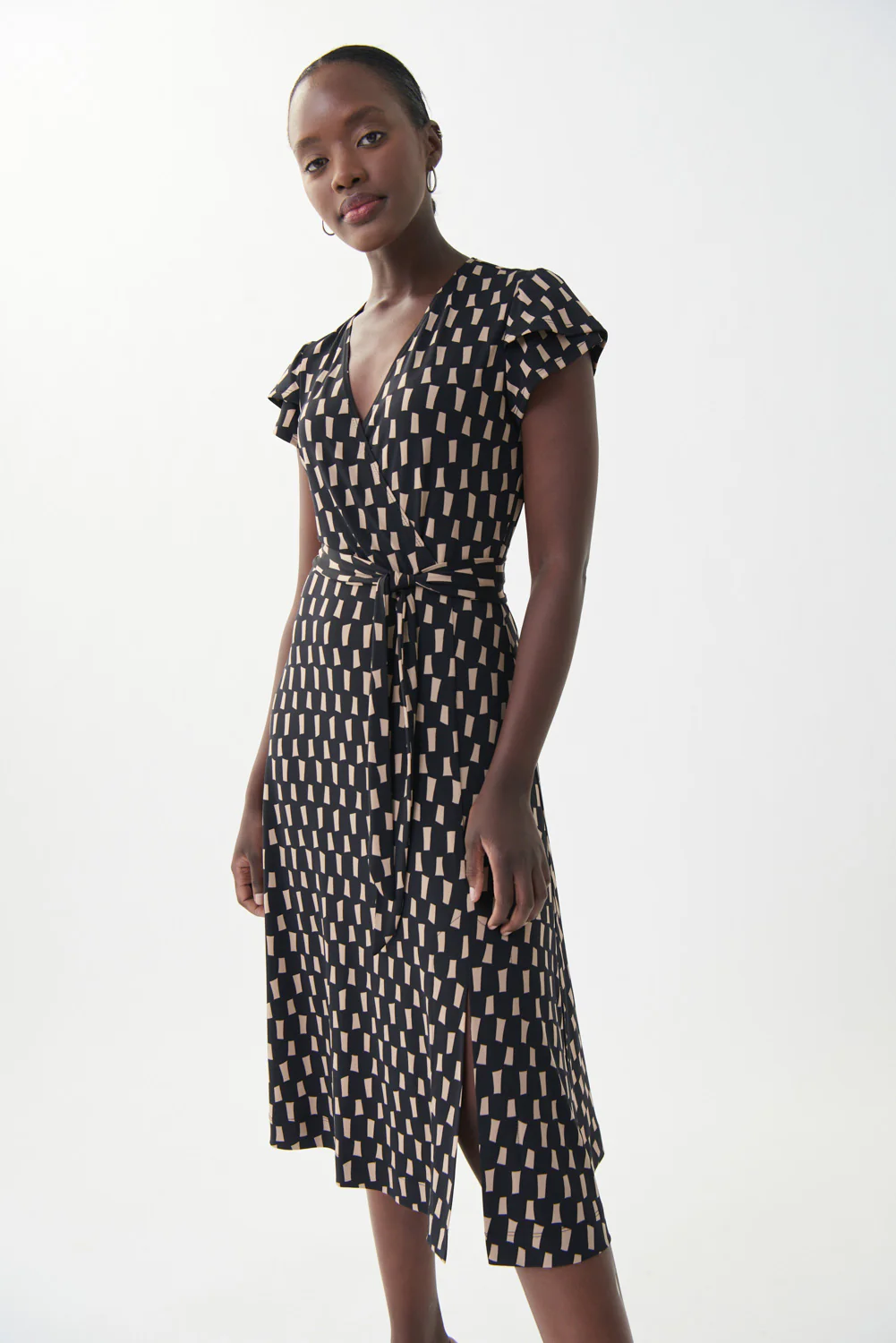 Joseph Ribkoff Black/Beige Wrap Front Dress Style 222202 - Image 4