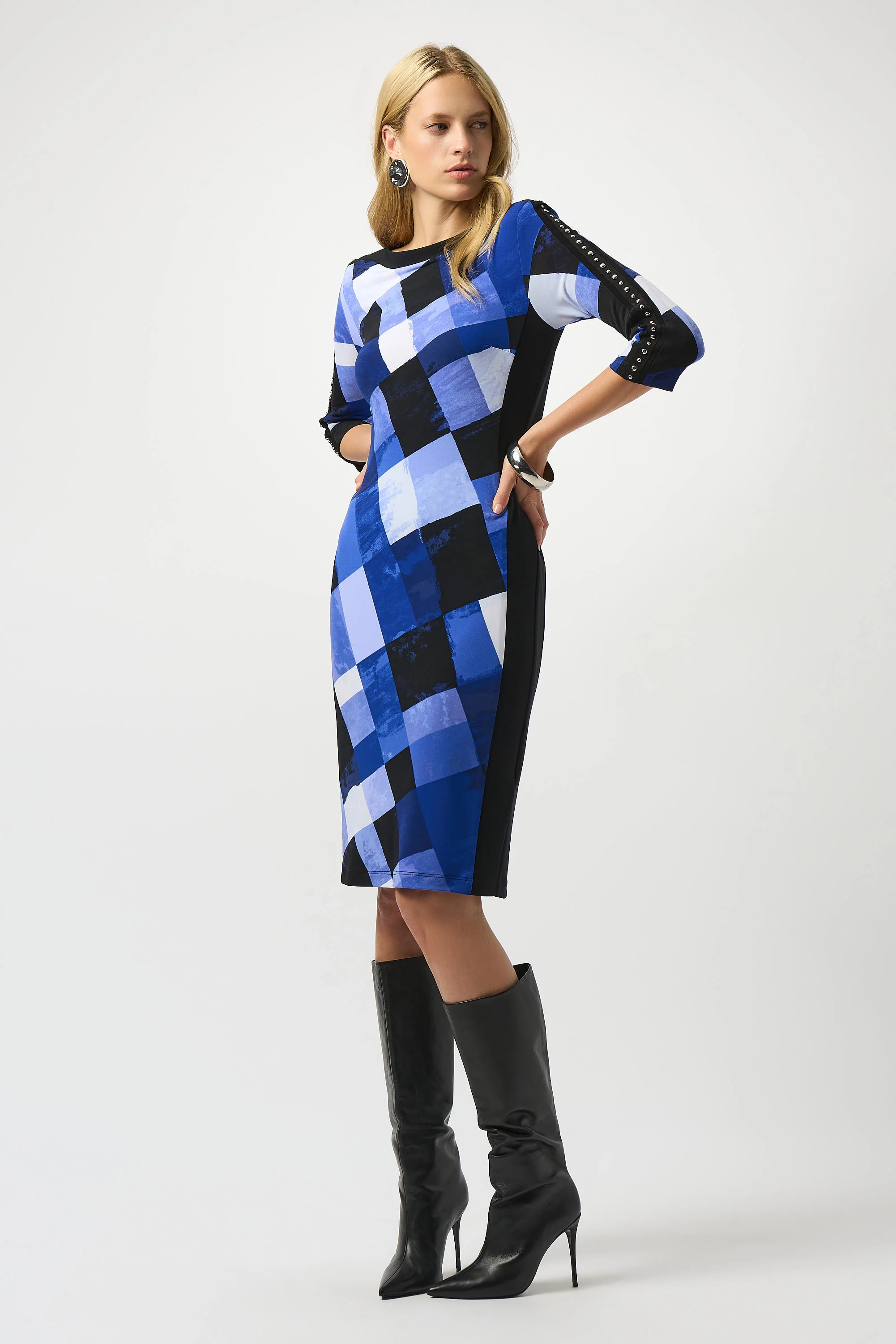 Joseph Ribkoff Black/Blue Plaid Print Sheath Dess Style 253278