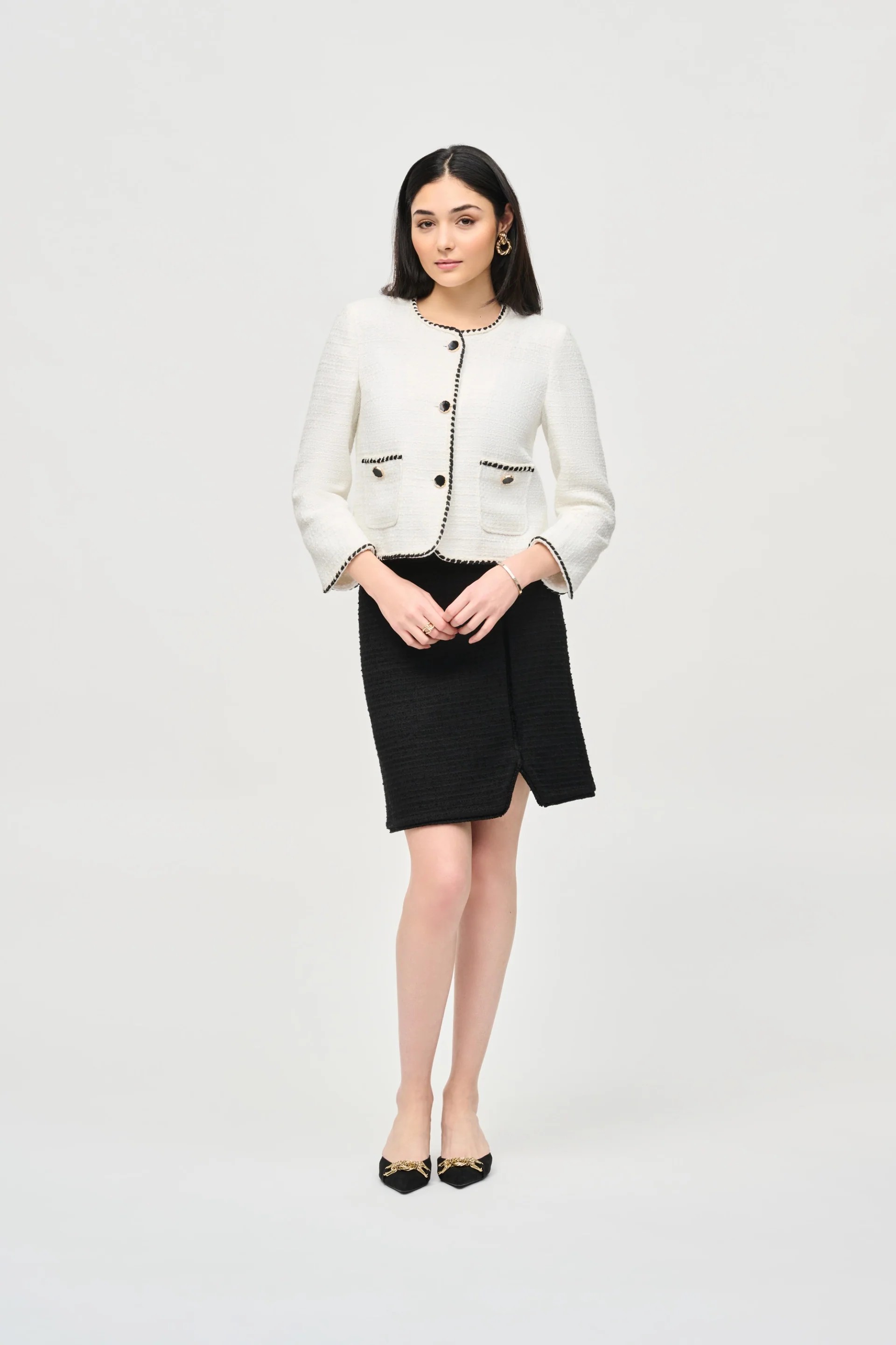 Joseph Ribkoff Black Bouclé Woven A-Line Skirt Style 243270 - Image 3