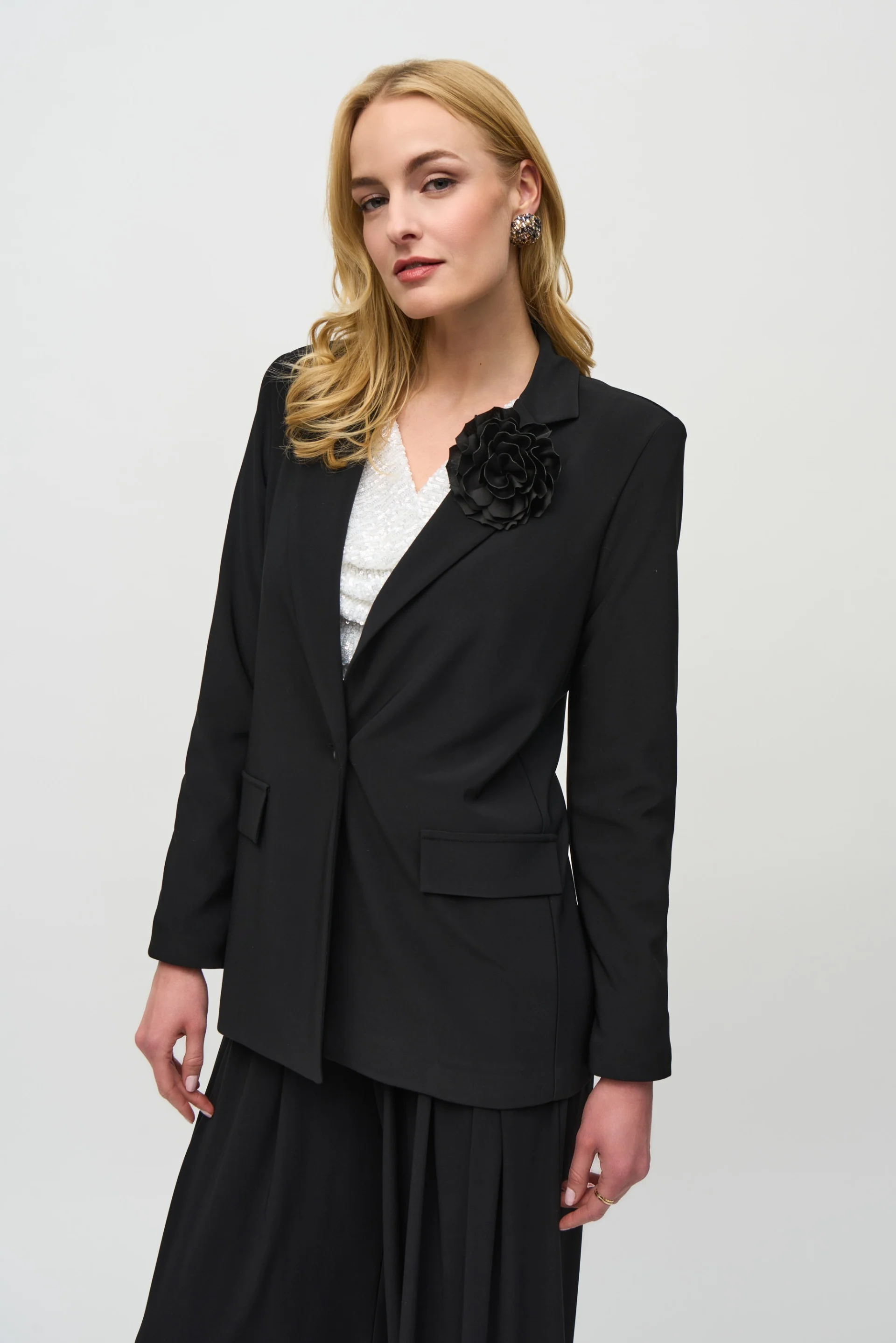 Joseph Ribkoff Black Boxy Blazer With Flower Pin Style 244239 - Image 4