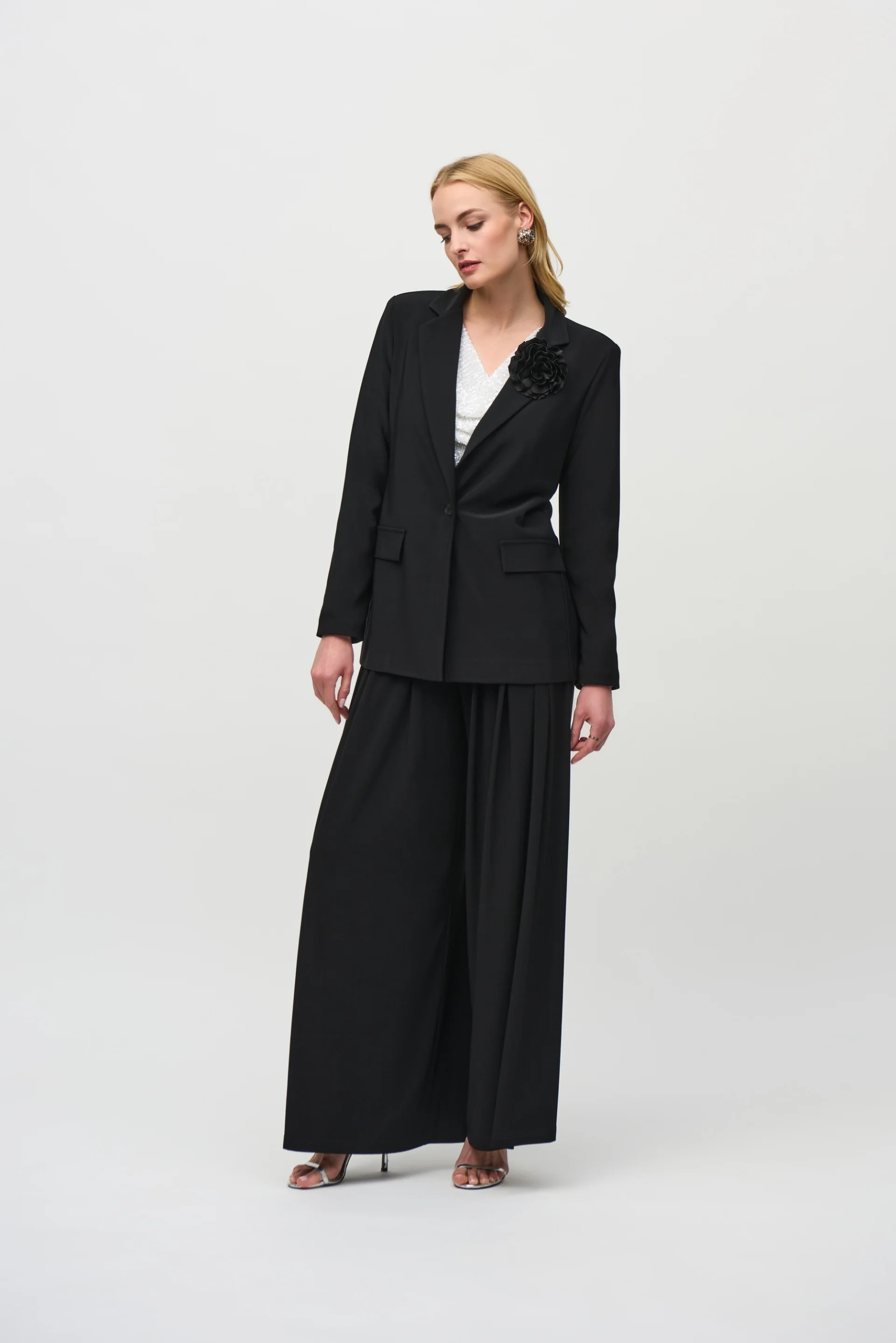 Joseph Ribkoff Black Boxy Blazer With Flower Pin Style 244239 - Image 7