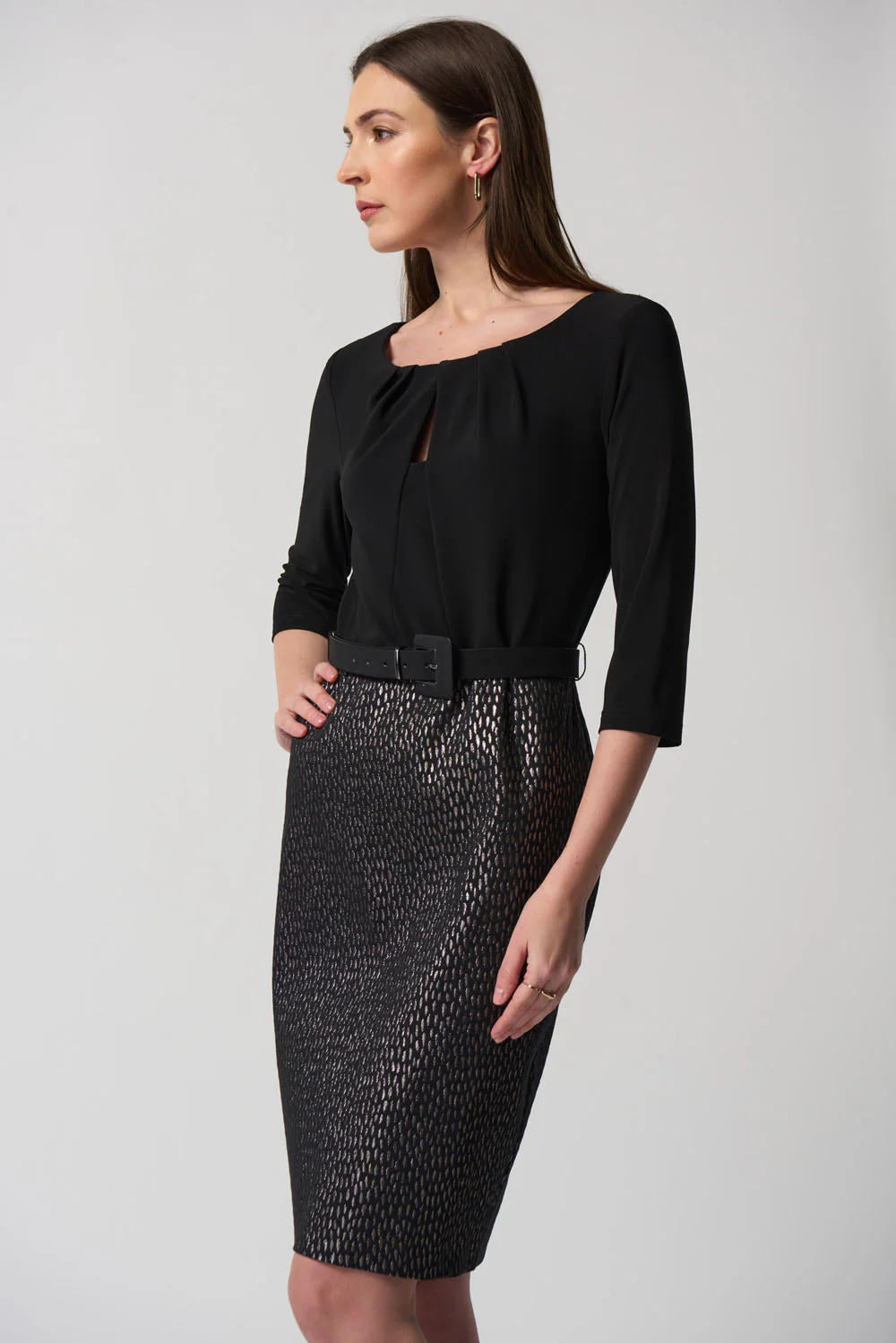 Joseph Ribkoff Black/Bronze Geometric Print Sheath Dress Style 233120 - Image 2