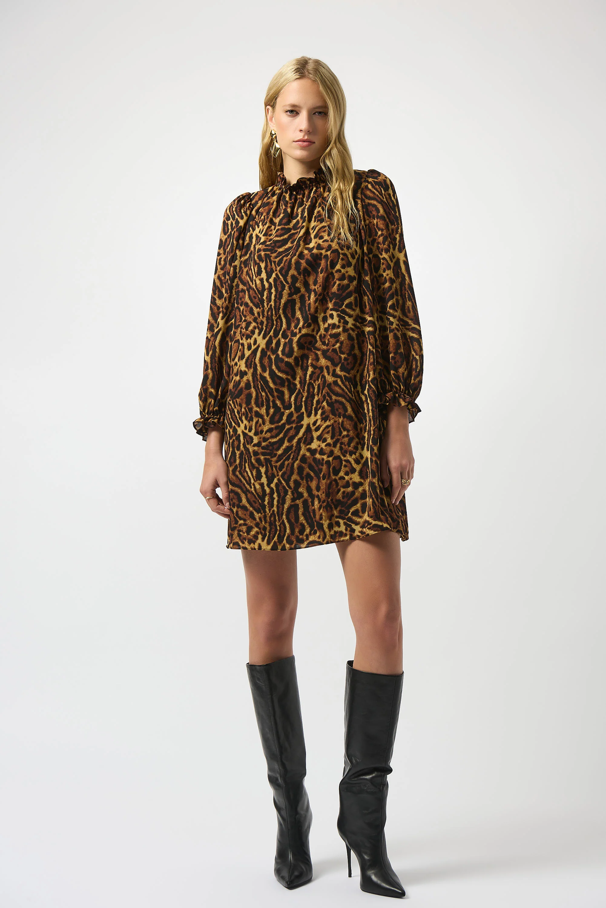 Joseph Ribkoff Black/Brown Georgette Animal Print Trapeze Dress Style 253148