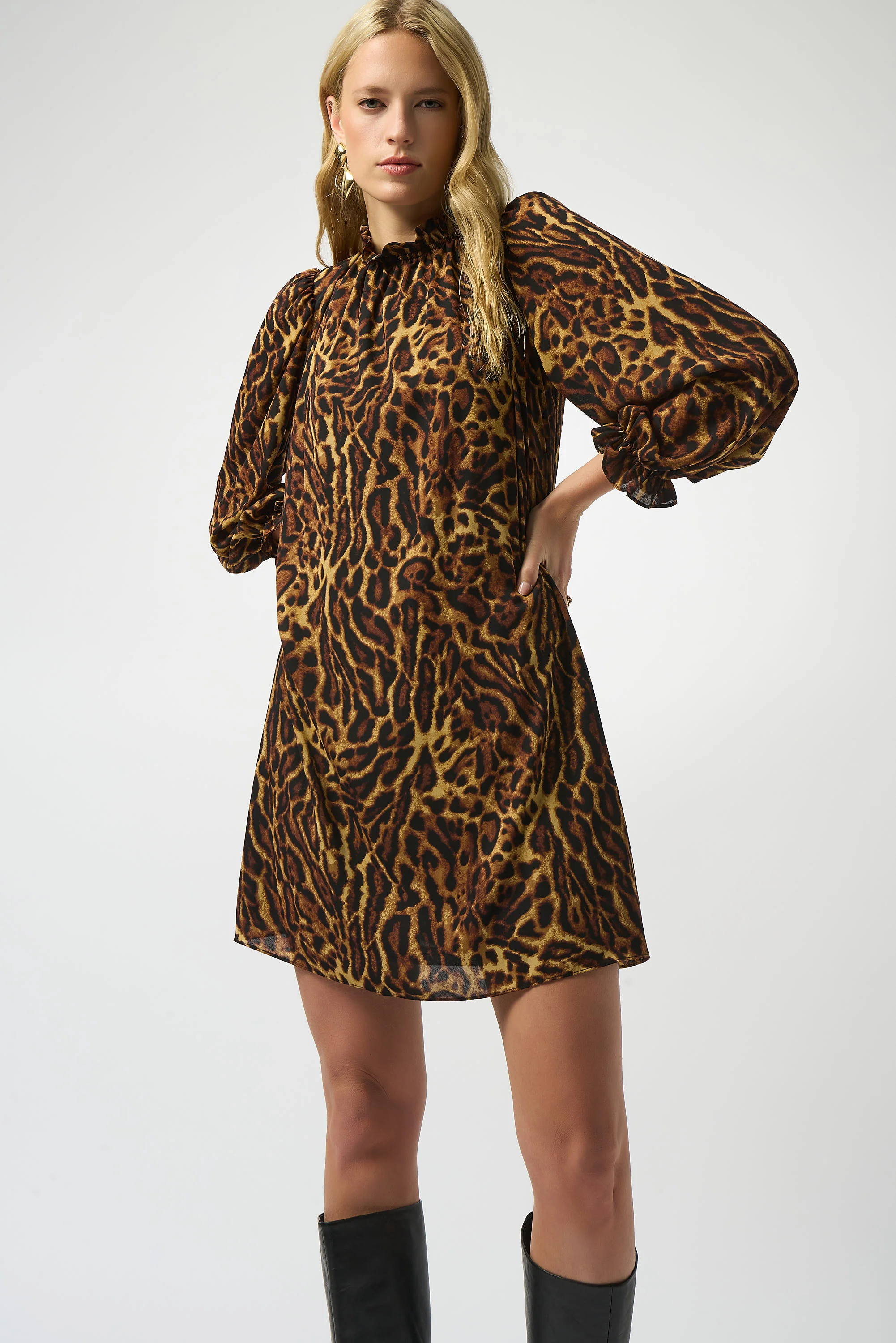 Joseph Ribkoff Black/Brown Georgette Animal Print Trapeze Dress Style 253148 - Image 2