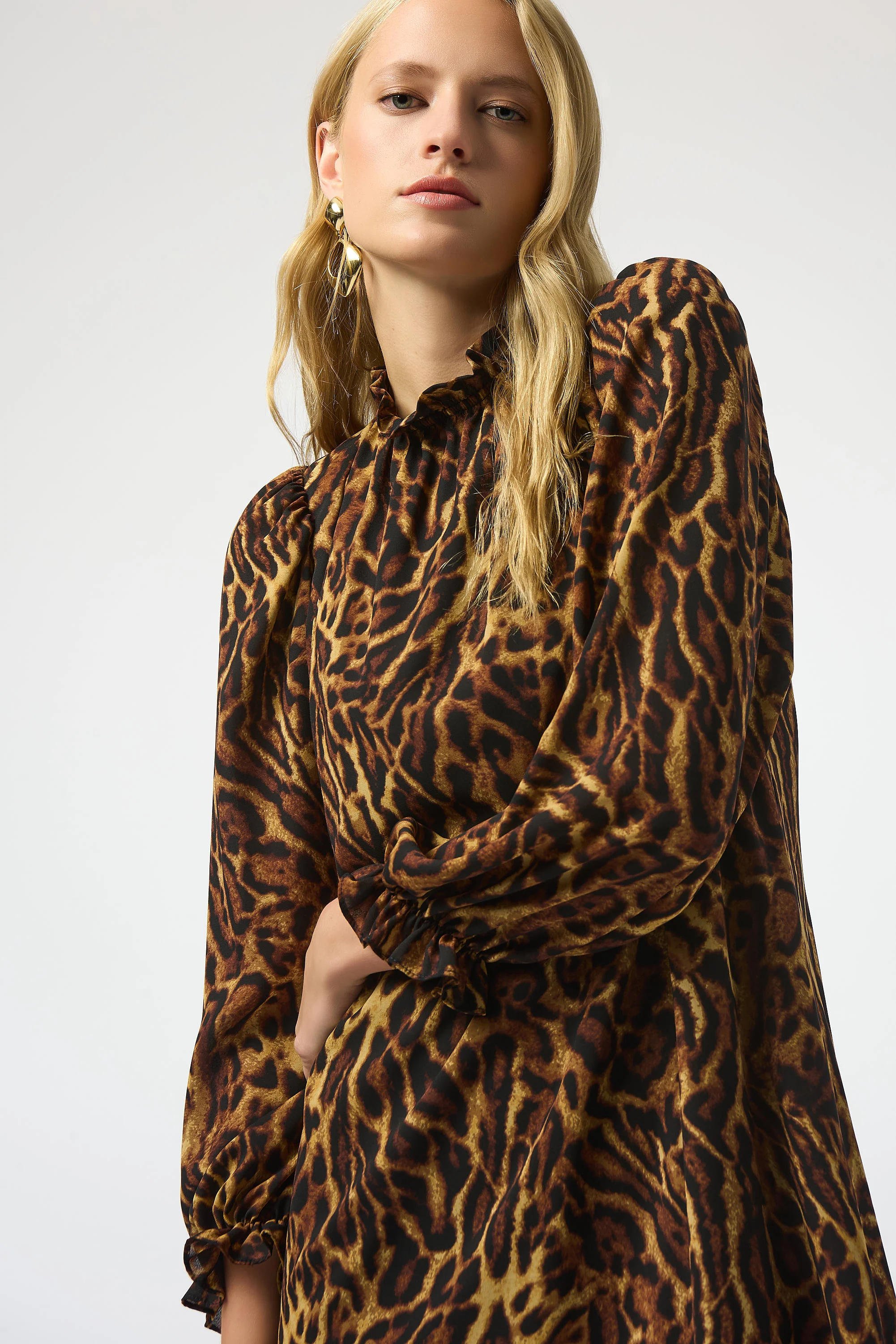 Joseph Ribkoff Black/Brown Georgette Animal Print Trapeze Dress Style 253148 - Image 3