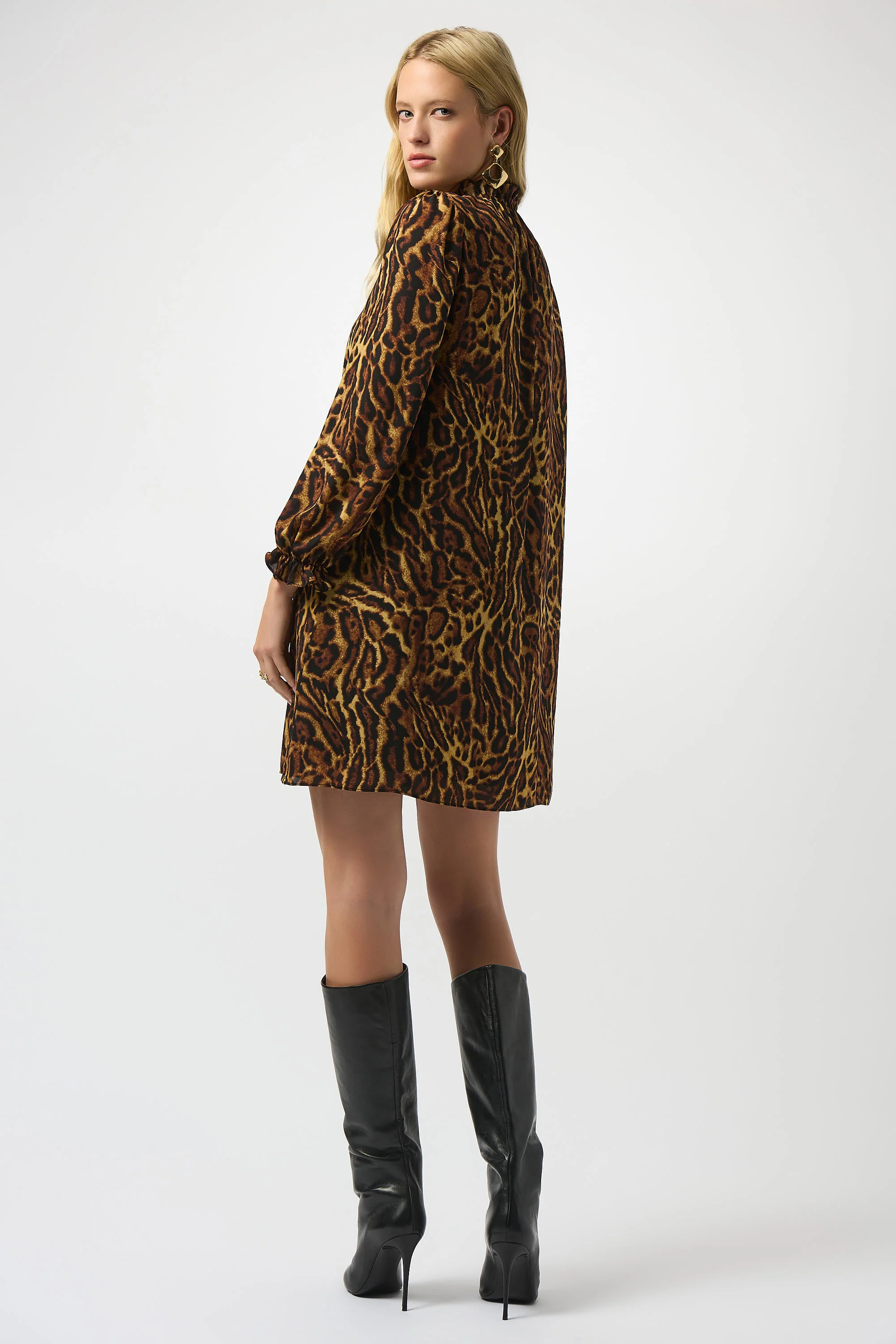 Joseph Ribkoff Black/Brown Georgette Animal Print Trapeze Dress Style 253148 - Image 4