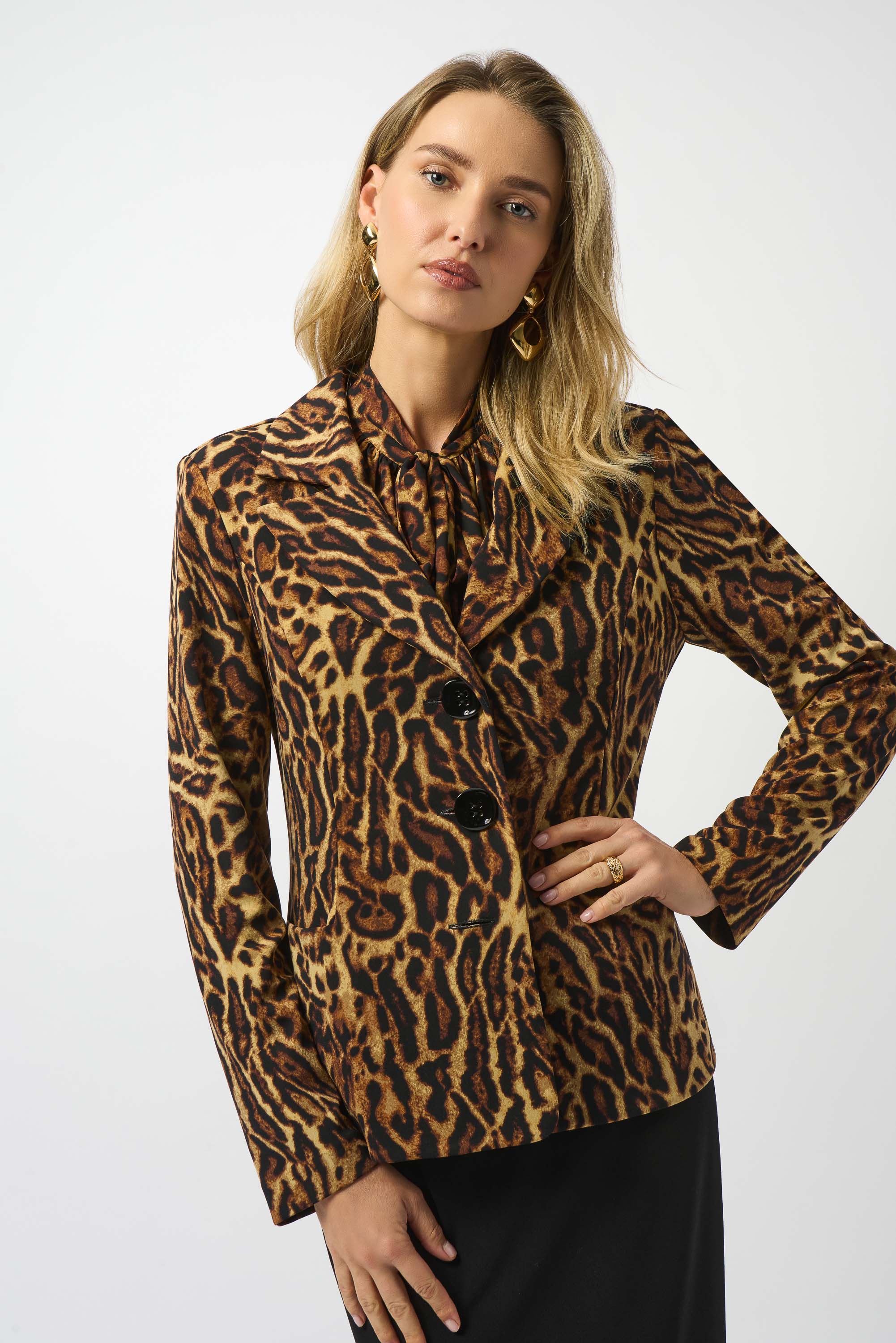 Joseph Ribkoff Black/Brown Silky Knit Animal Print Fitted Blazer Style 253051