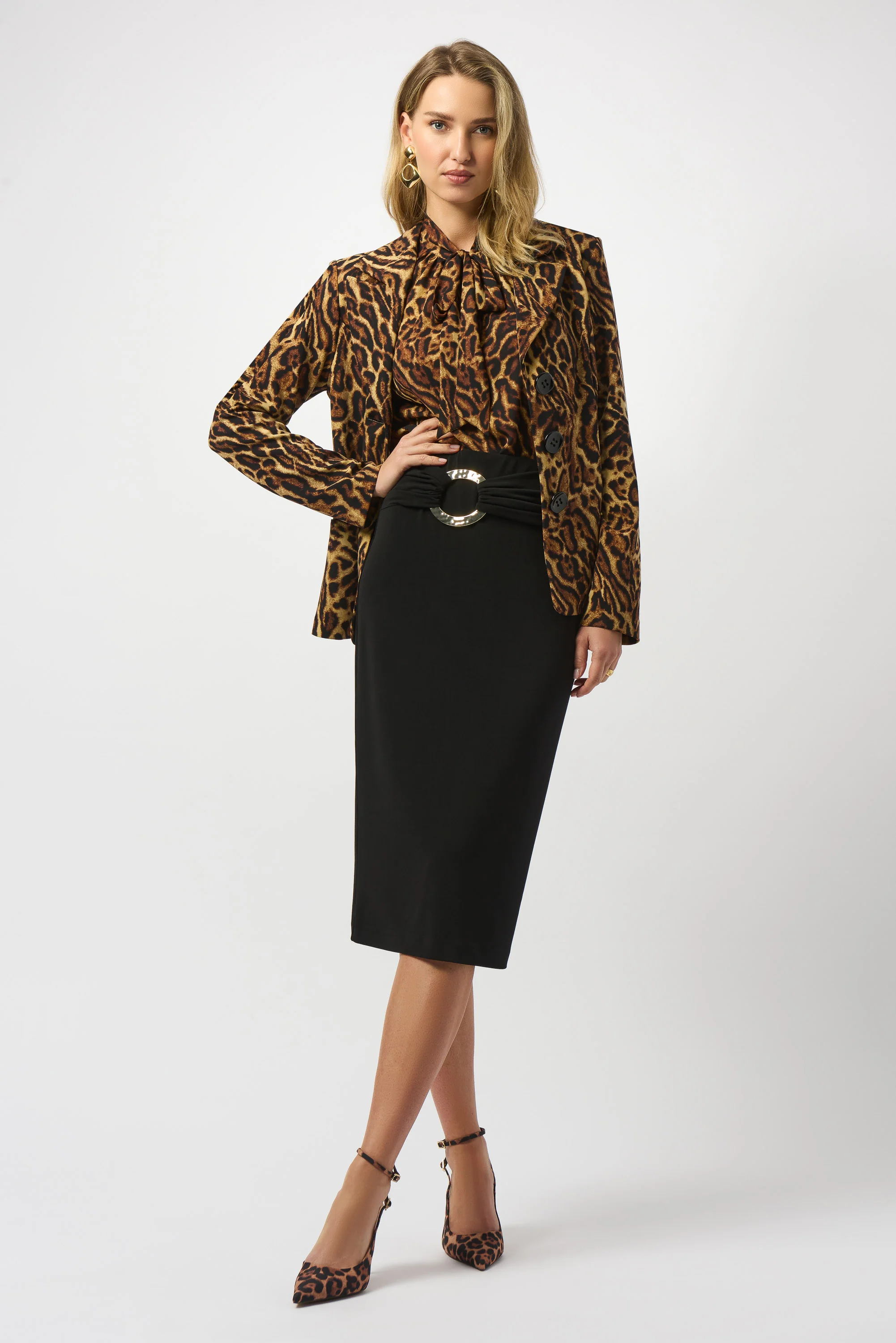 Joseph Ribkoff Black/Brown Silky Knit Animal Print Fitted Blazer Style 253051 - Image 2
