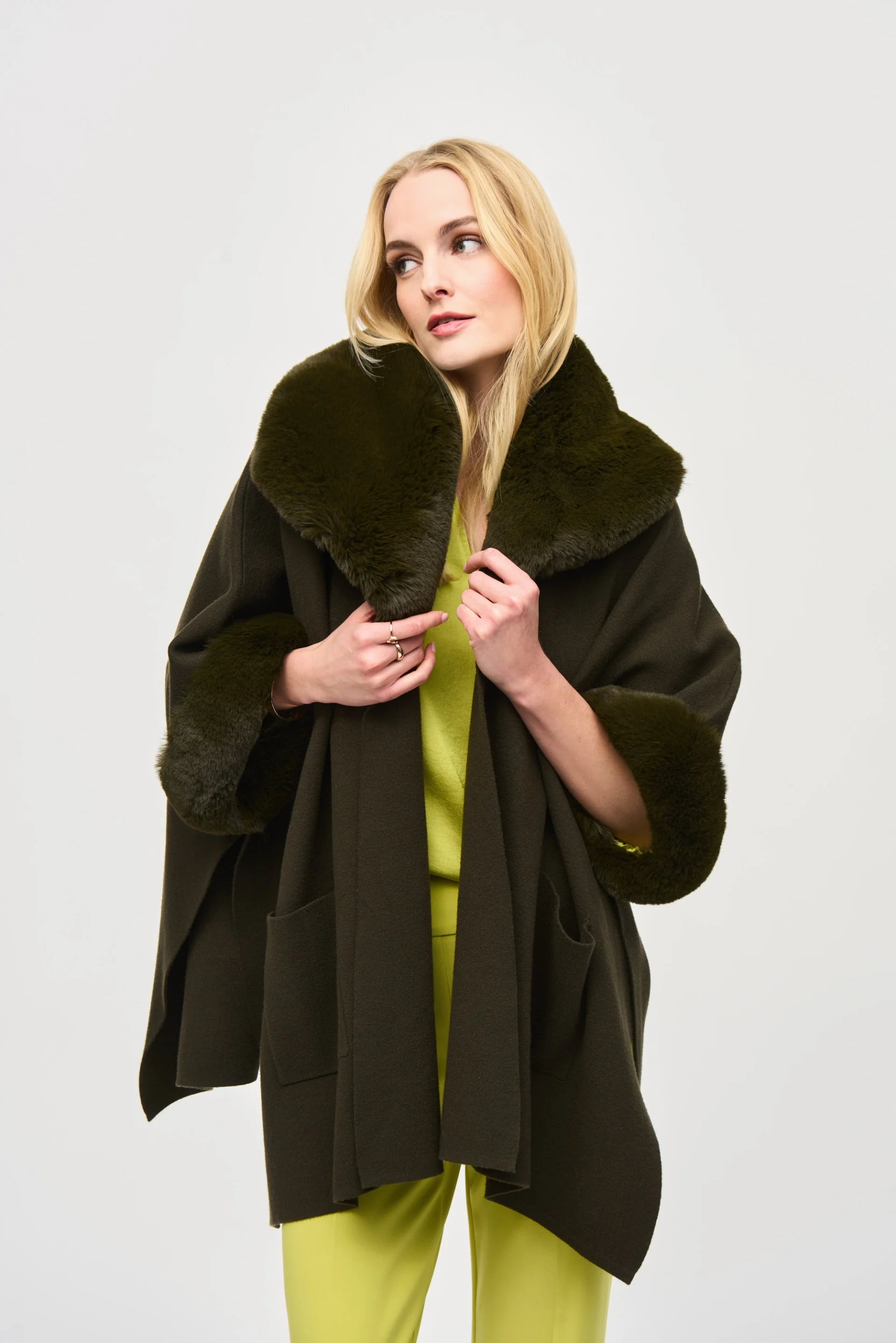 Joseph Ribkoff Brushed Jacquard and Faux Fur Cape Style 243930 - Image 8