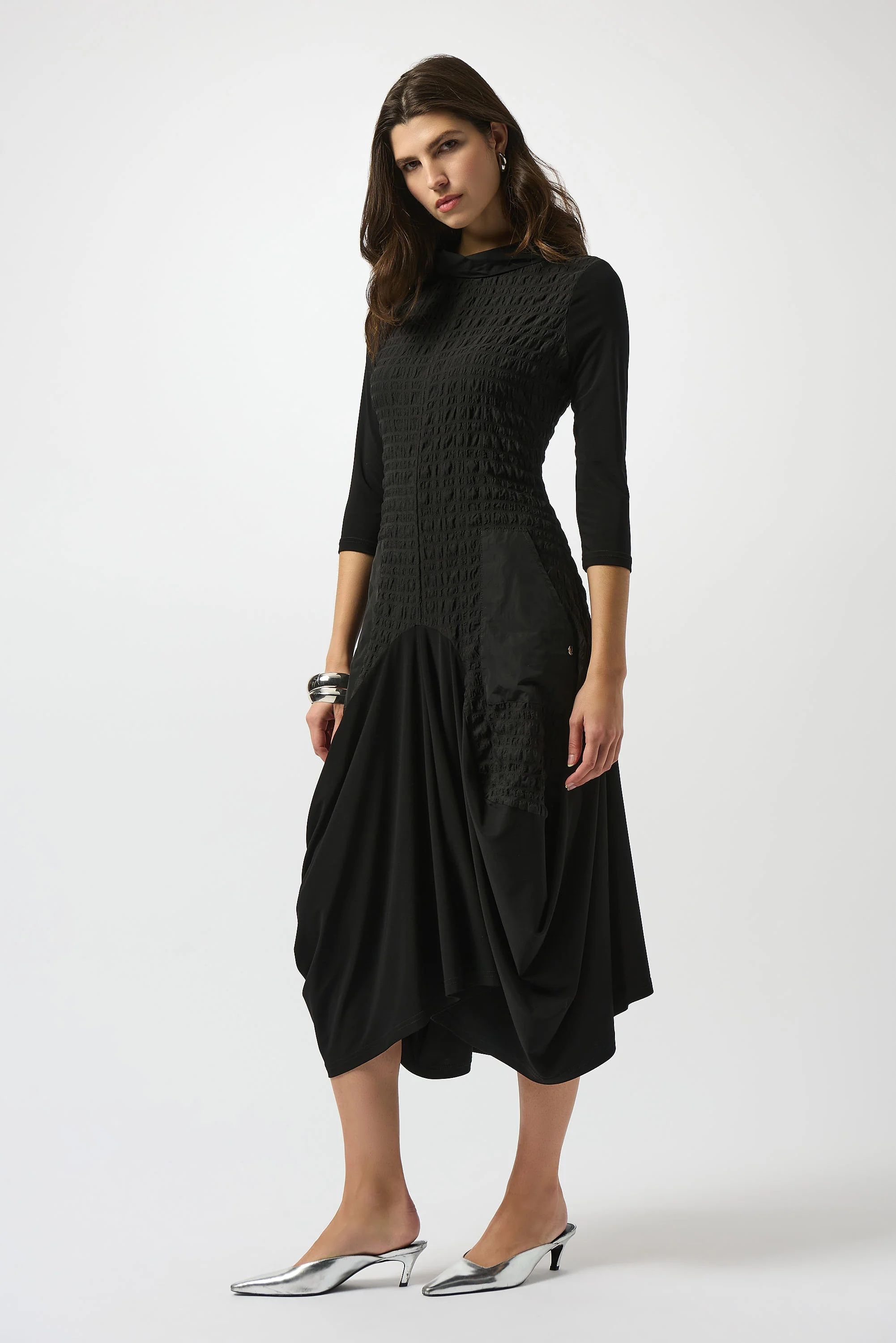 Joseph Ribkoff Black Bubble Jacquard & Silky Knit Cocoon Dress Style 253085 - Image 2