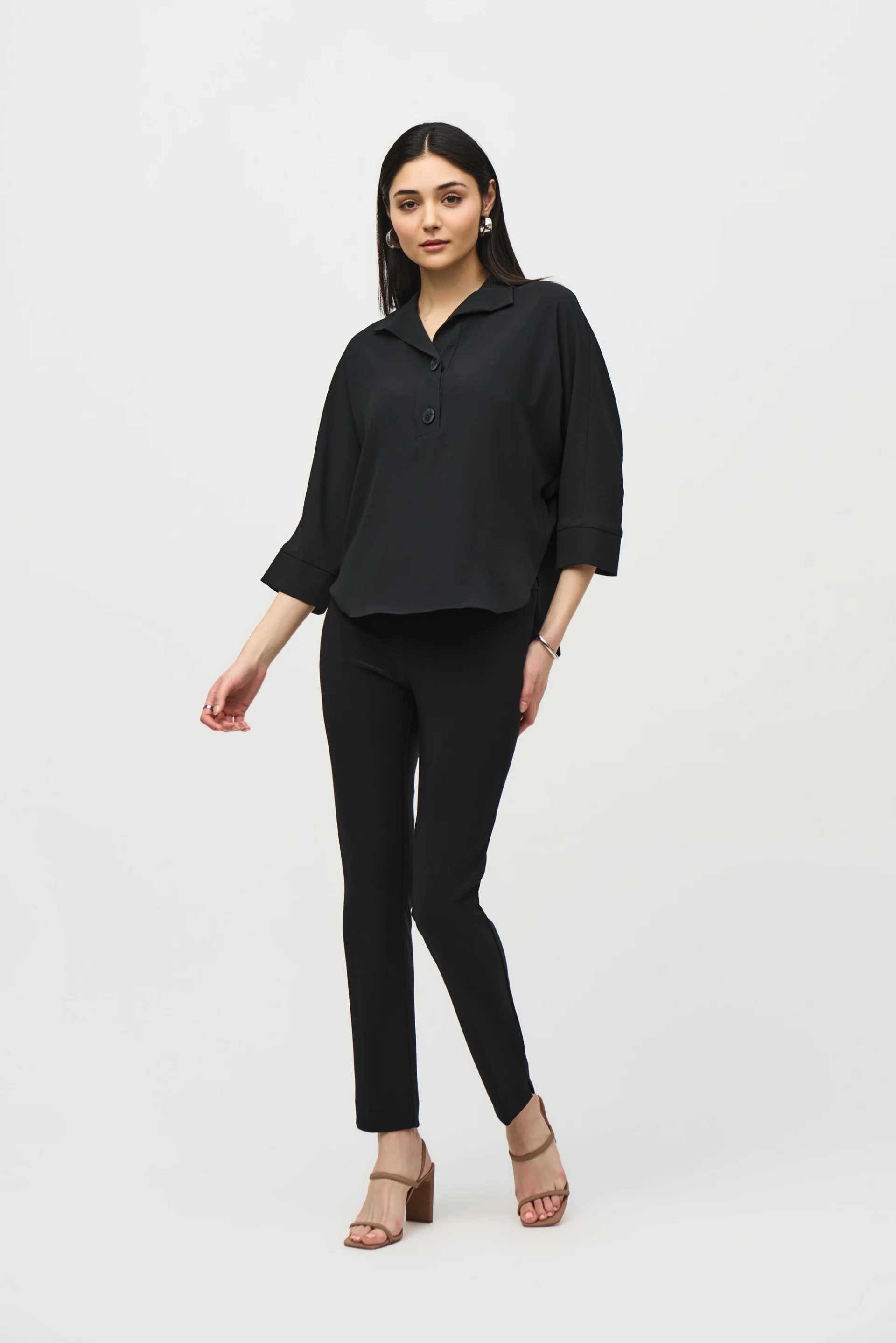 Joseph Ribkoff Black Buttoned Collar Boxy Top Style 242057 - Image 3