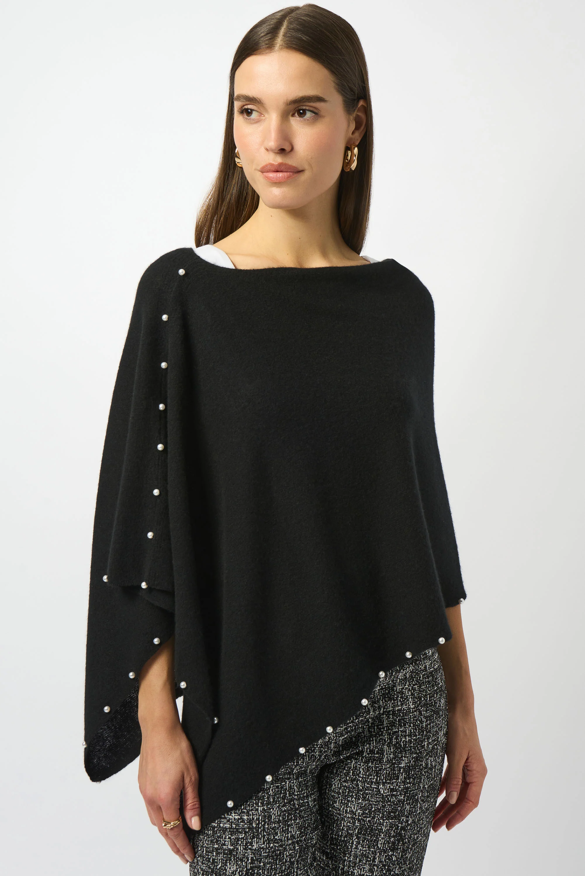 Joseph Ribkoff Black Cashmere Poncho with Pearl Detailing Style 253968