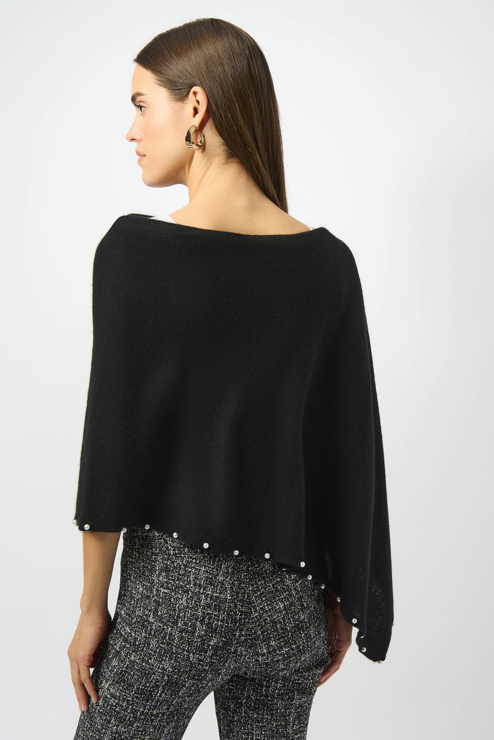 Joseph Ribkoff Black Cashmere Poncho with Pearl Detailing Style 253968 - Image 2