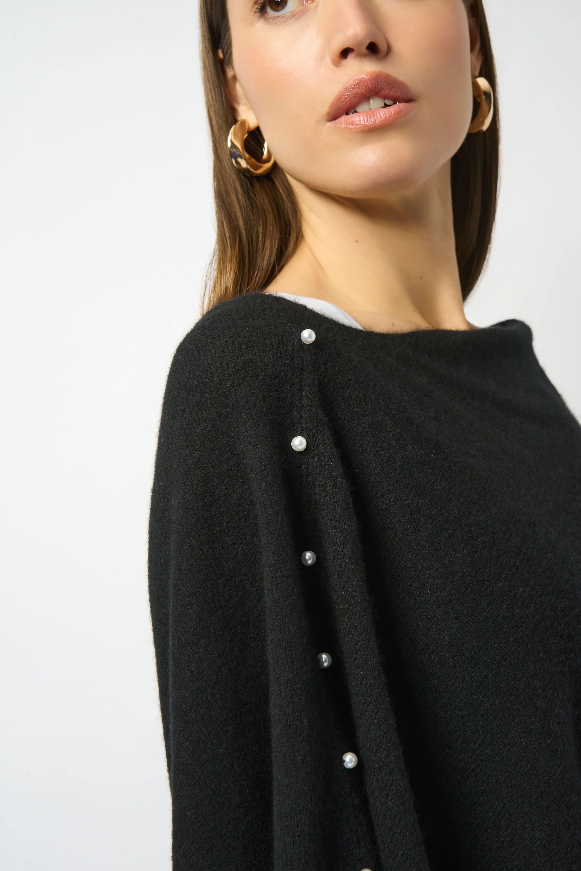 Joseph Ribkoff Black Cashmere Poncho with Pearl Detailing Style 253968 - Image 3