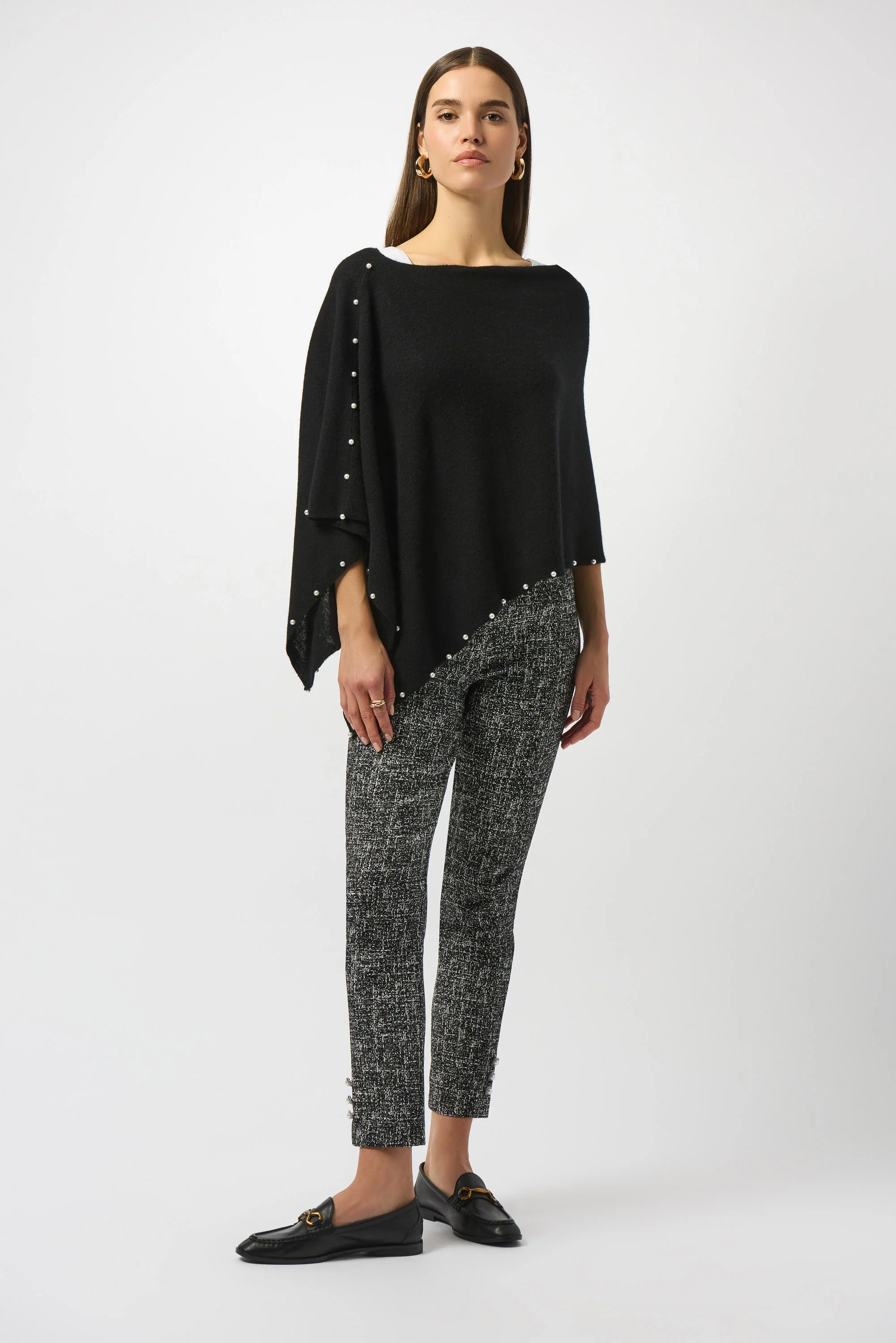 Joseph Ribkoff Black Cashmere Poncho with Pearl Detailing Style 253968 - Image 4
