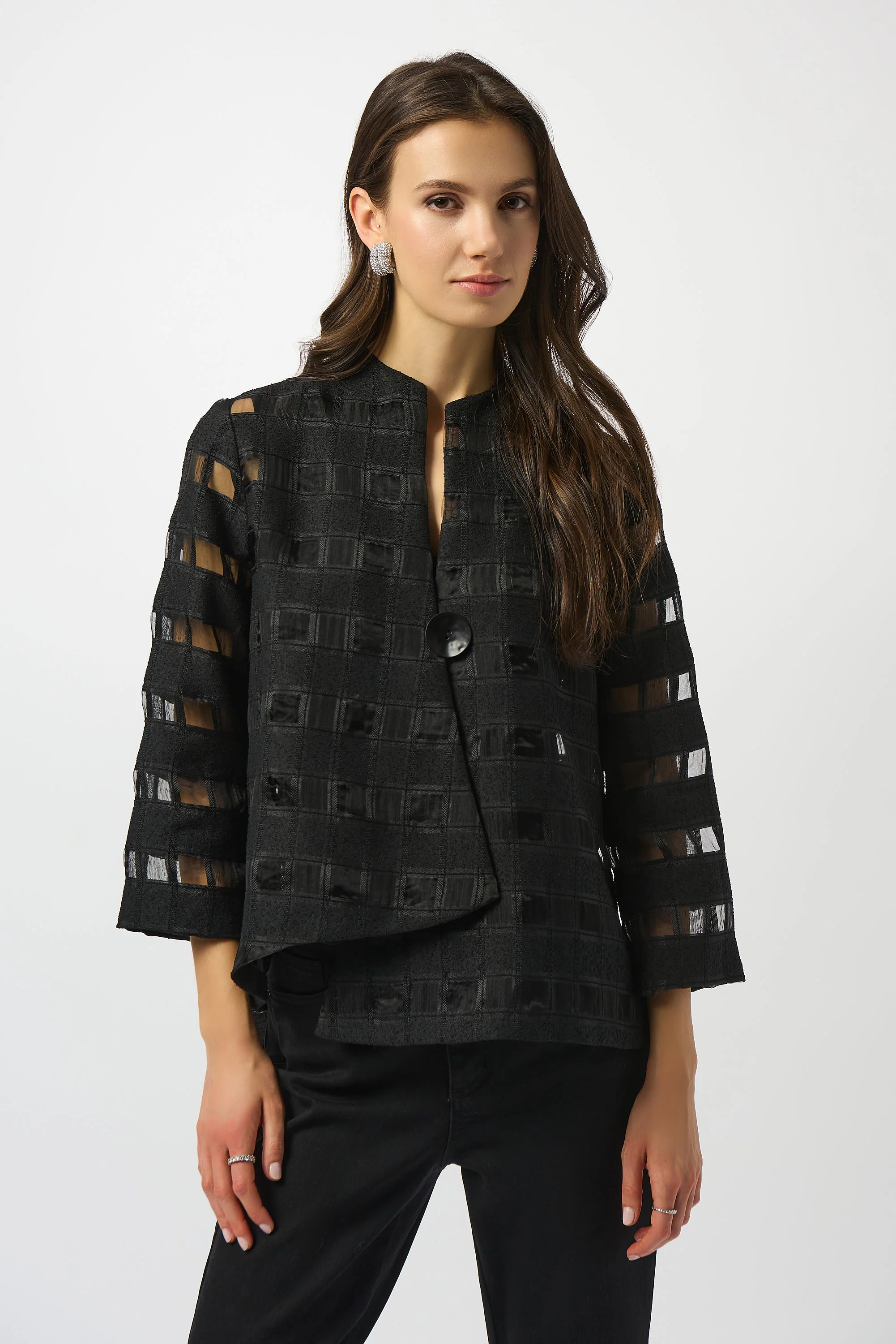 Joseph Ribkoff Black Checkered Print Swing Jacket Style 253199