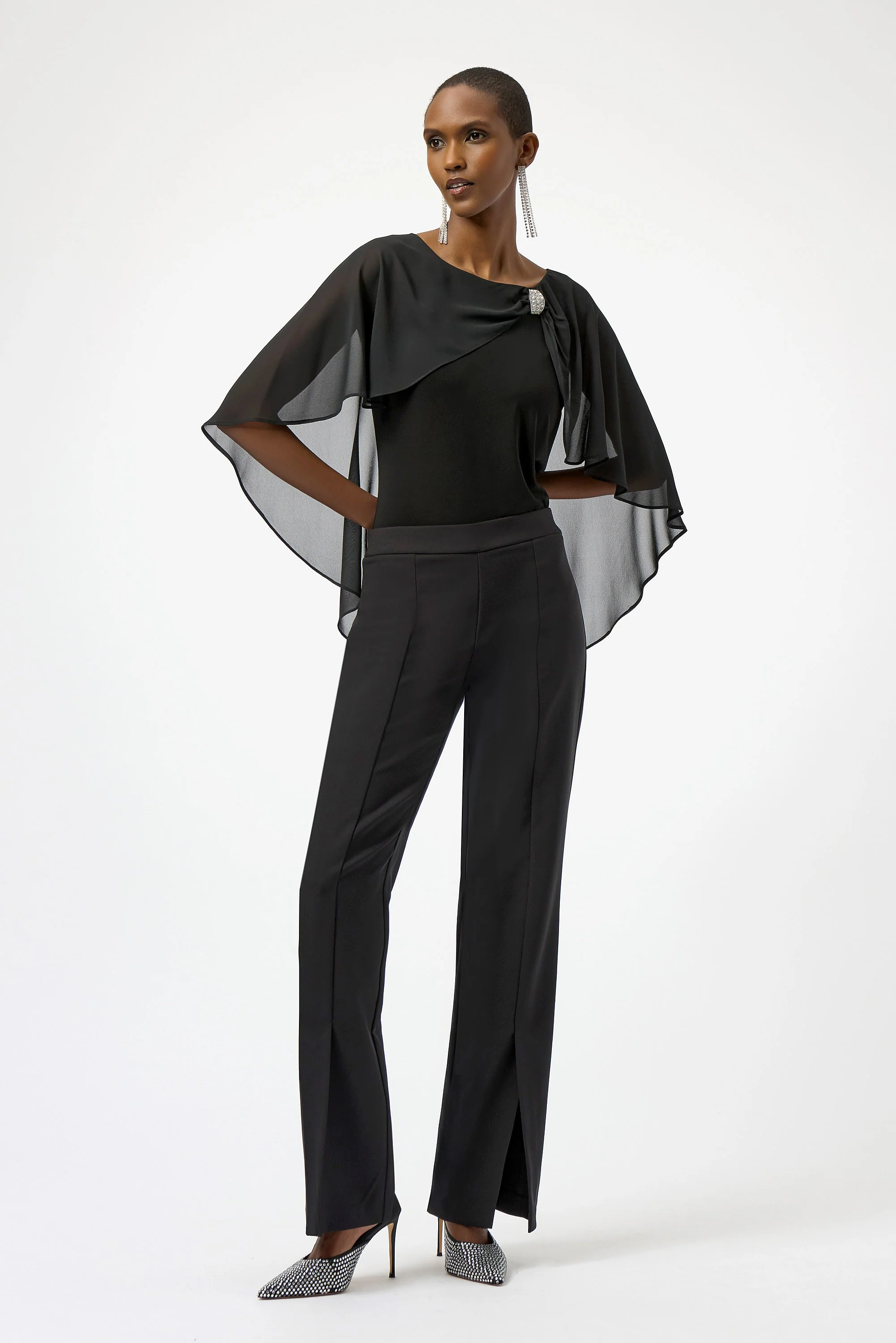 Joseph Ribkoff Black Chiffon and Silky Knit Cape Top Style 254021 - Image 3