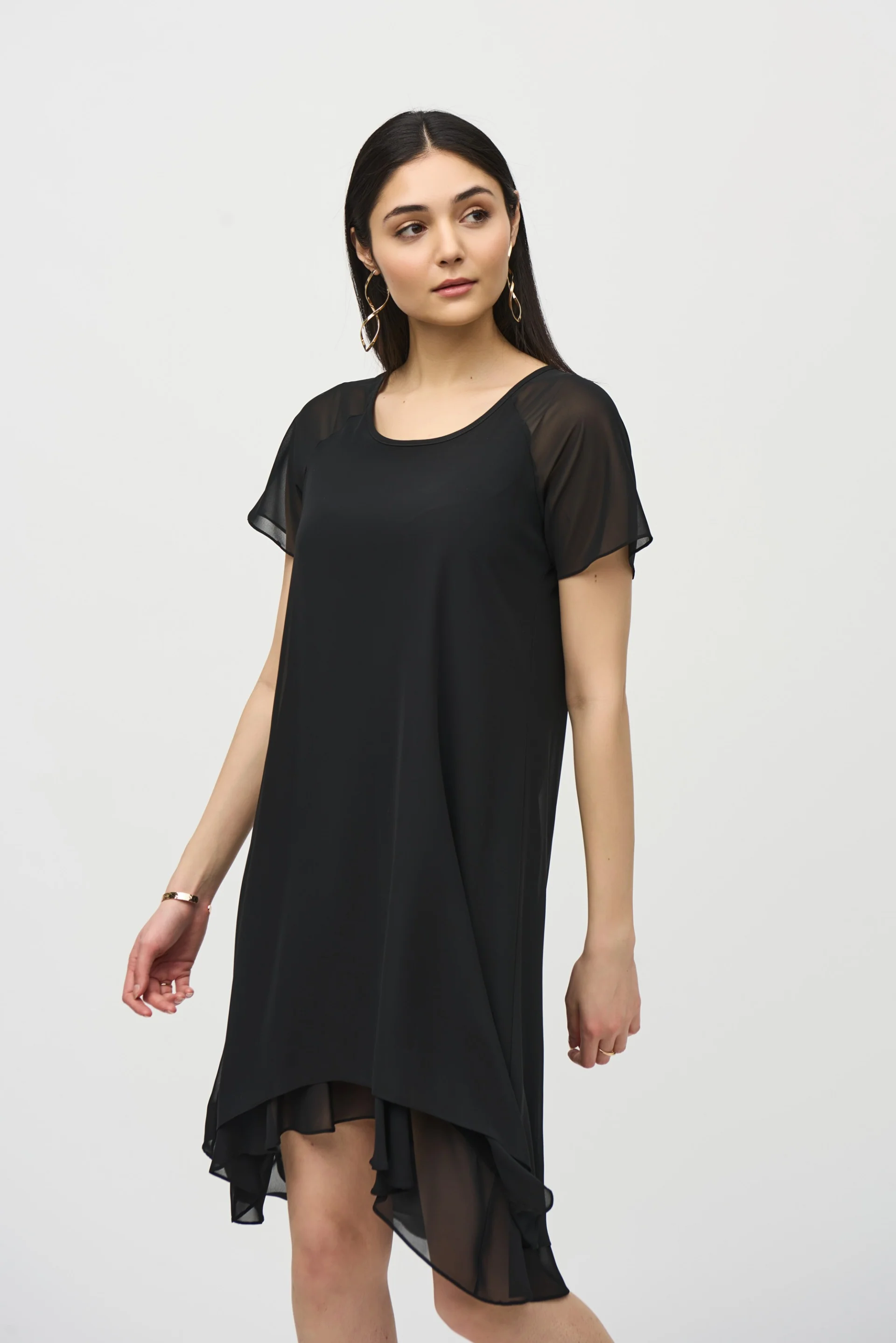 Joseph Ribkoff Black Chiffon Layered Trapeze Dress Style 241084 - Image 2
