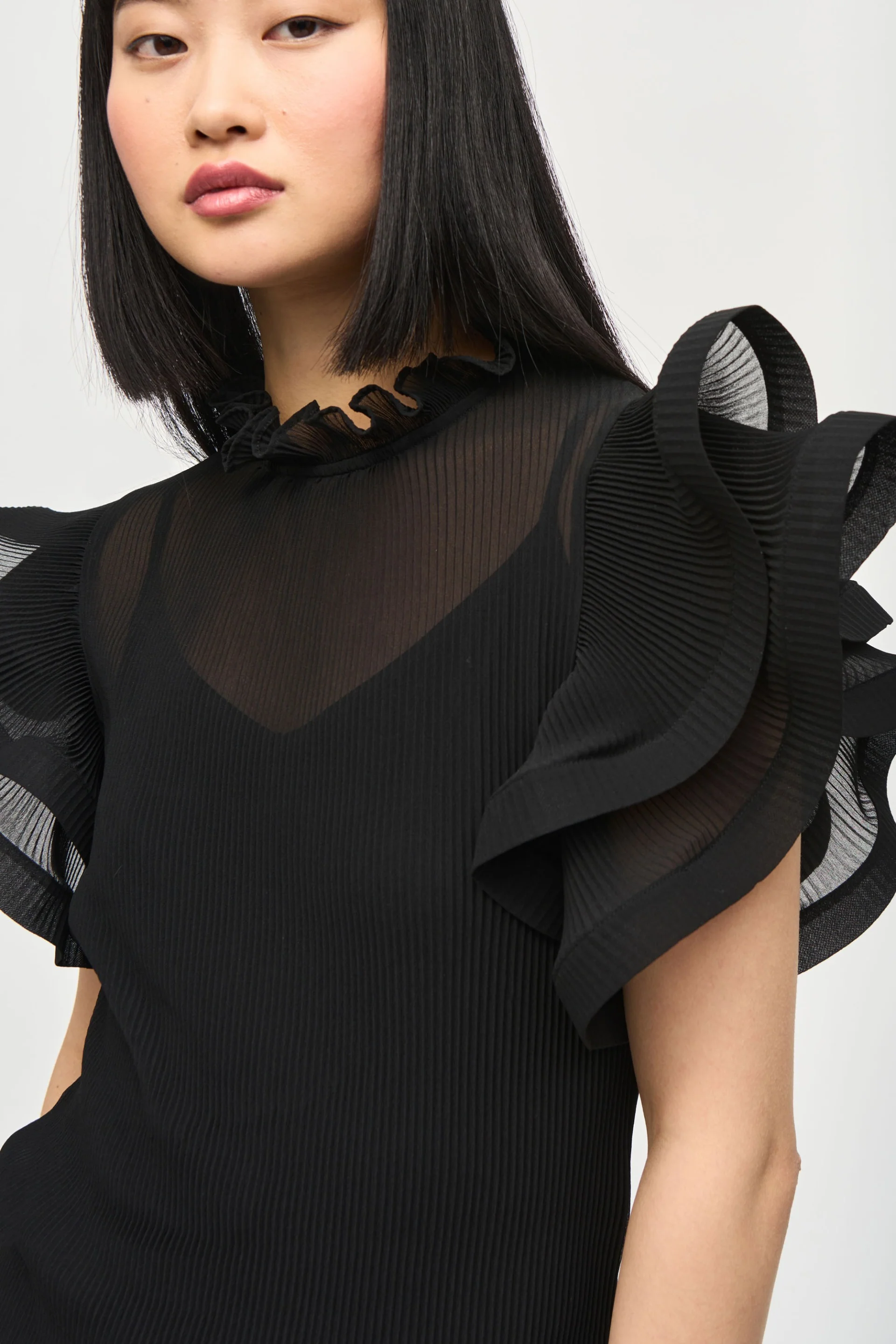 Joseph Ribkoff Black Chiffon Pleated Top With Ruffled Sleeves Style 243957 - Image 3