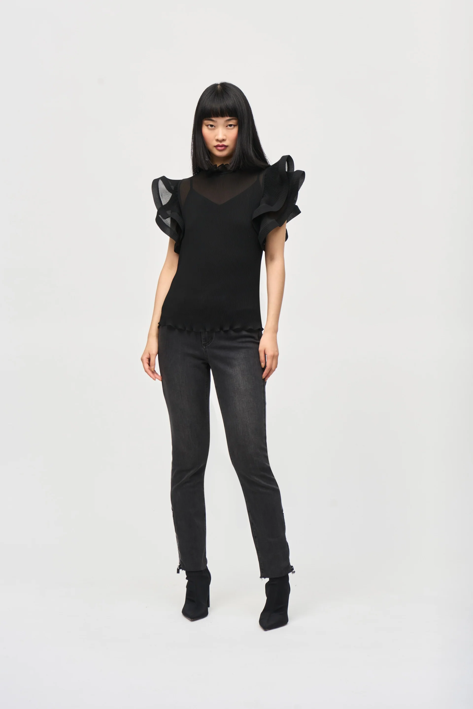 Joseph Ribkoff Black Chiffon Pleated Top With Ruffled Sleeves Style 243957 - Image 4