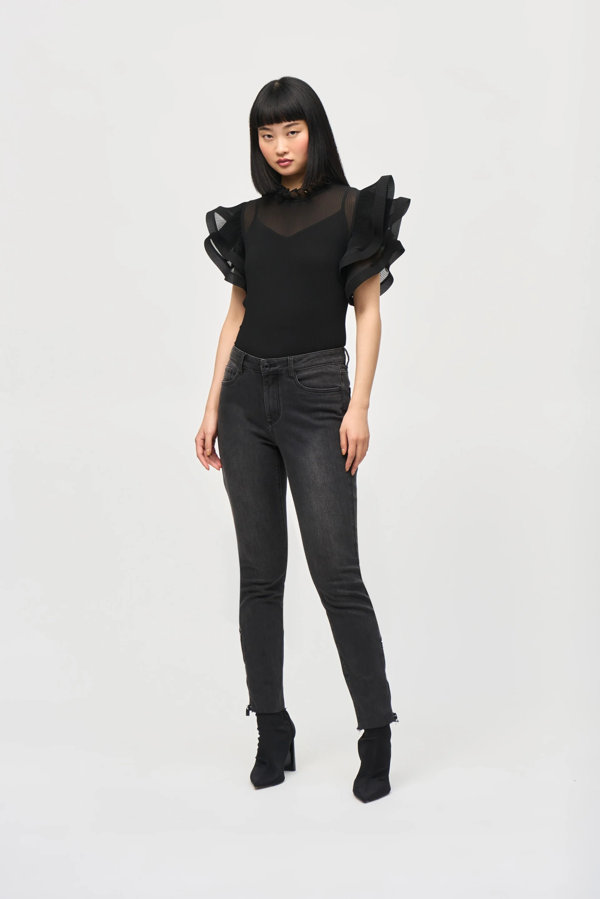 Joseph Ribkoff Black Chiffon Pleated Top With Ruffled Sleeves Style 243957 - Image 5