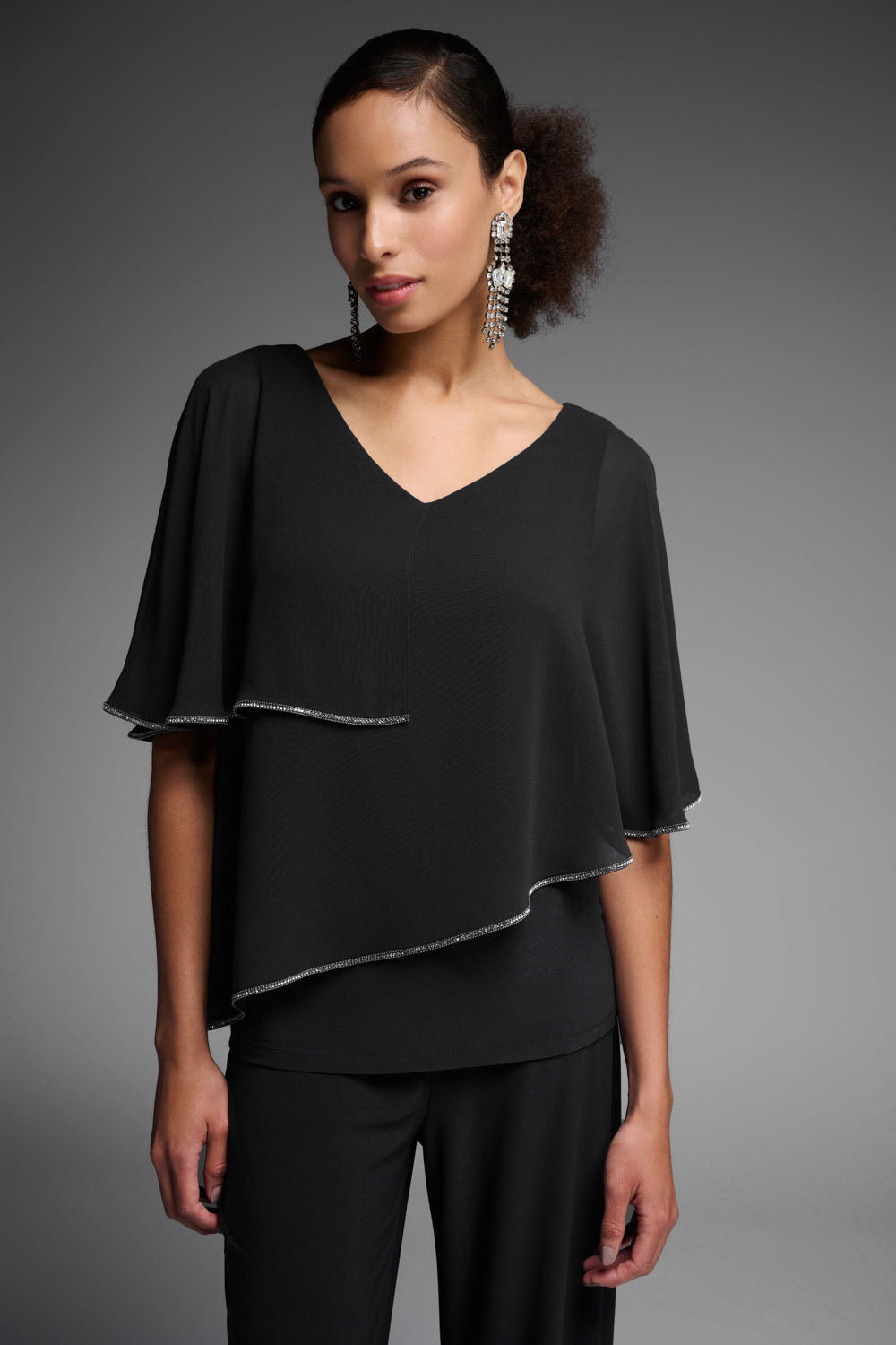 Joseph Ribkoff Black Chiffon Poncho-Style V-Neck Top Style 231720