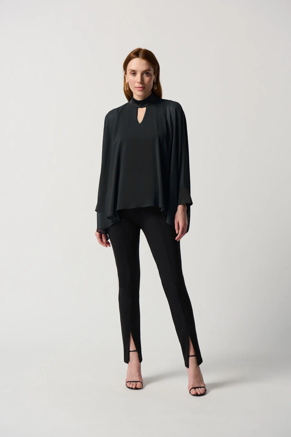 Joseph Ribkoff Black Chiffon Poncho Top With Mock Neck Collar Style 234245 - Image 3