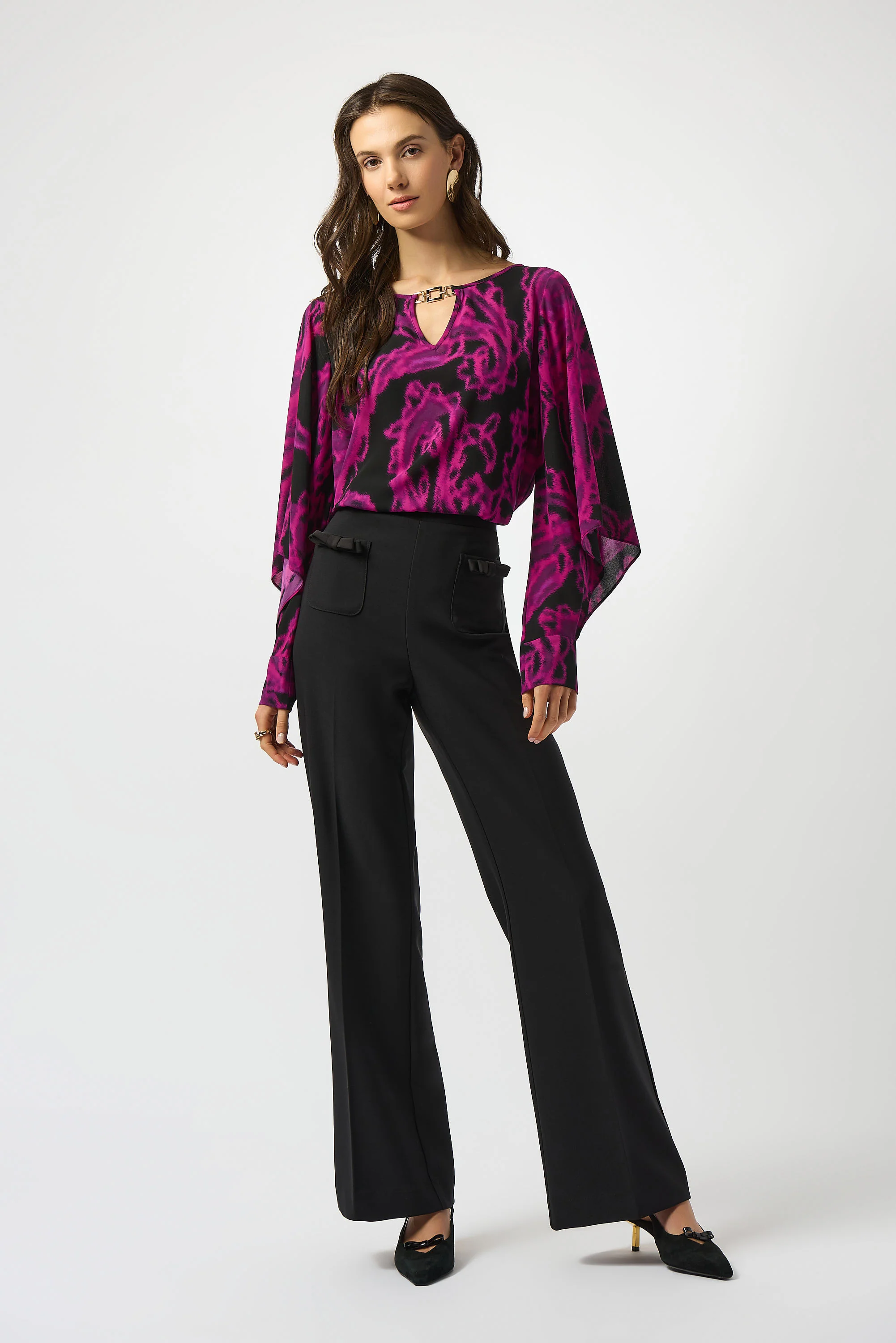 Joseph Ribkoff Black/Cosmos Georgette Paisley Print Straight Top Style 253086
