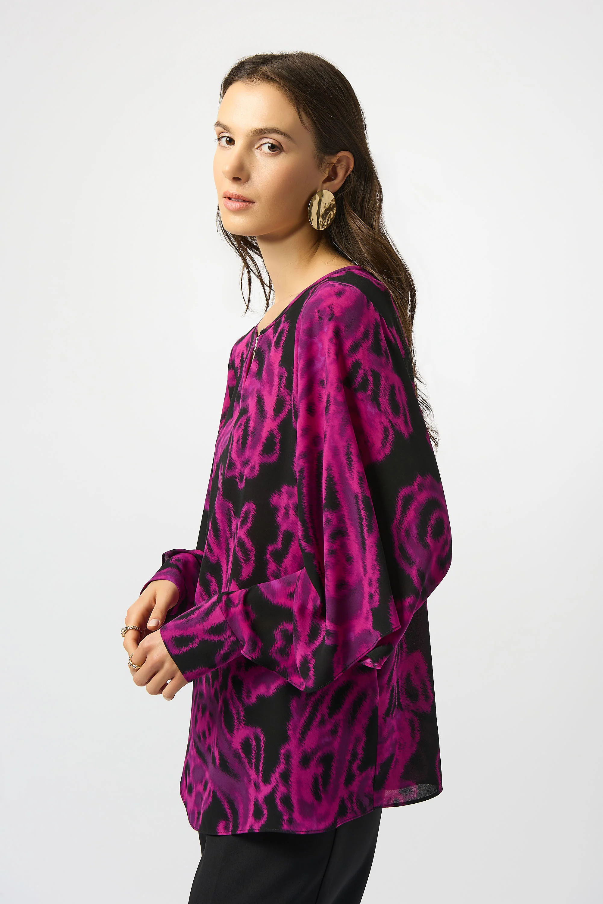 Joseph Ribkoff Black/Cosmos Georgette Paisley Print Straight Top Style 253086 - Image 2