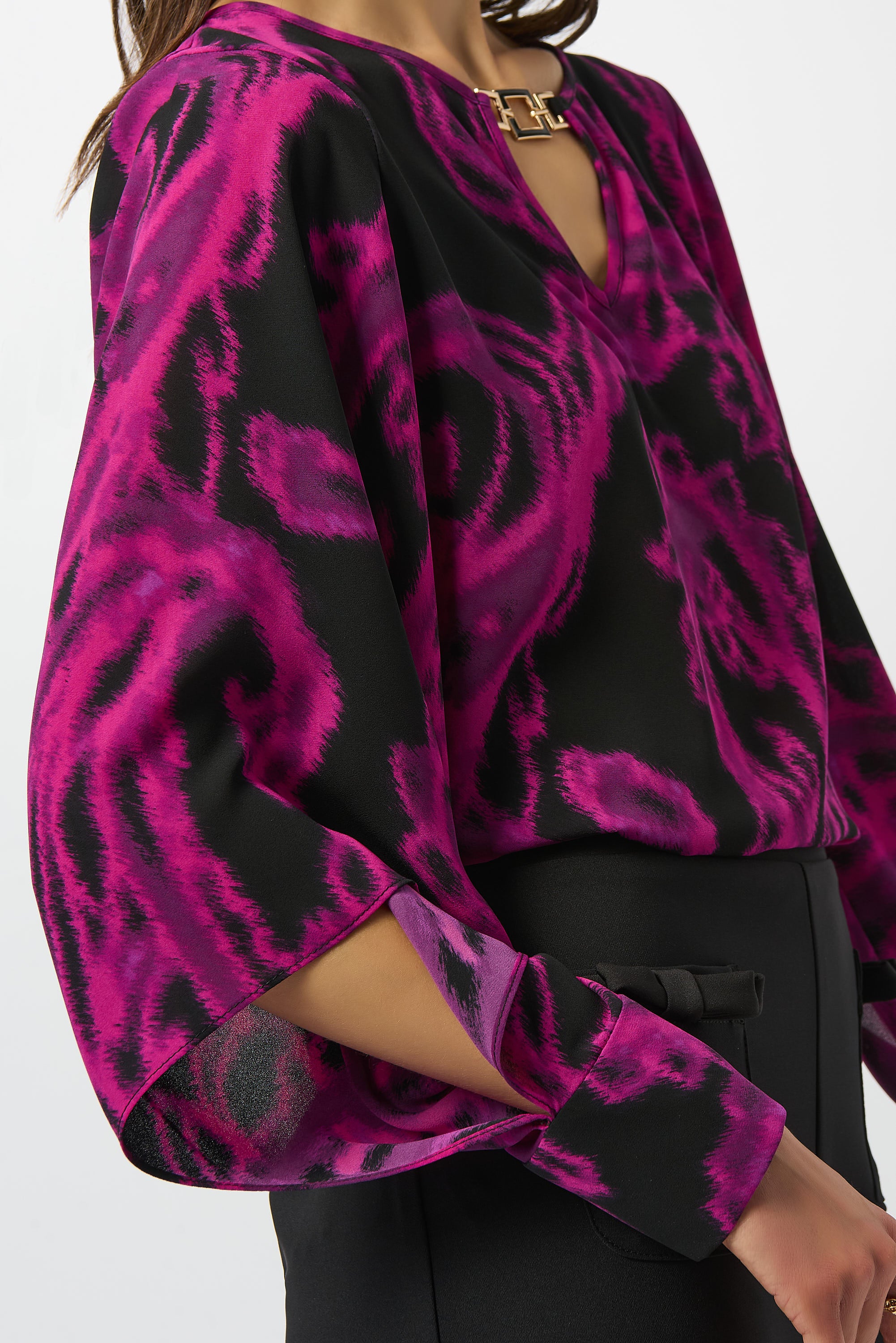 Joseph Ribkoff Black/Cosmos Georgette Paisley Print Straight Top Style 253086 - Image 3