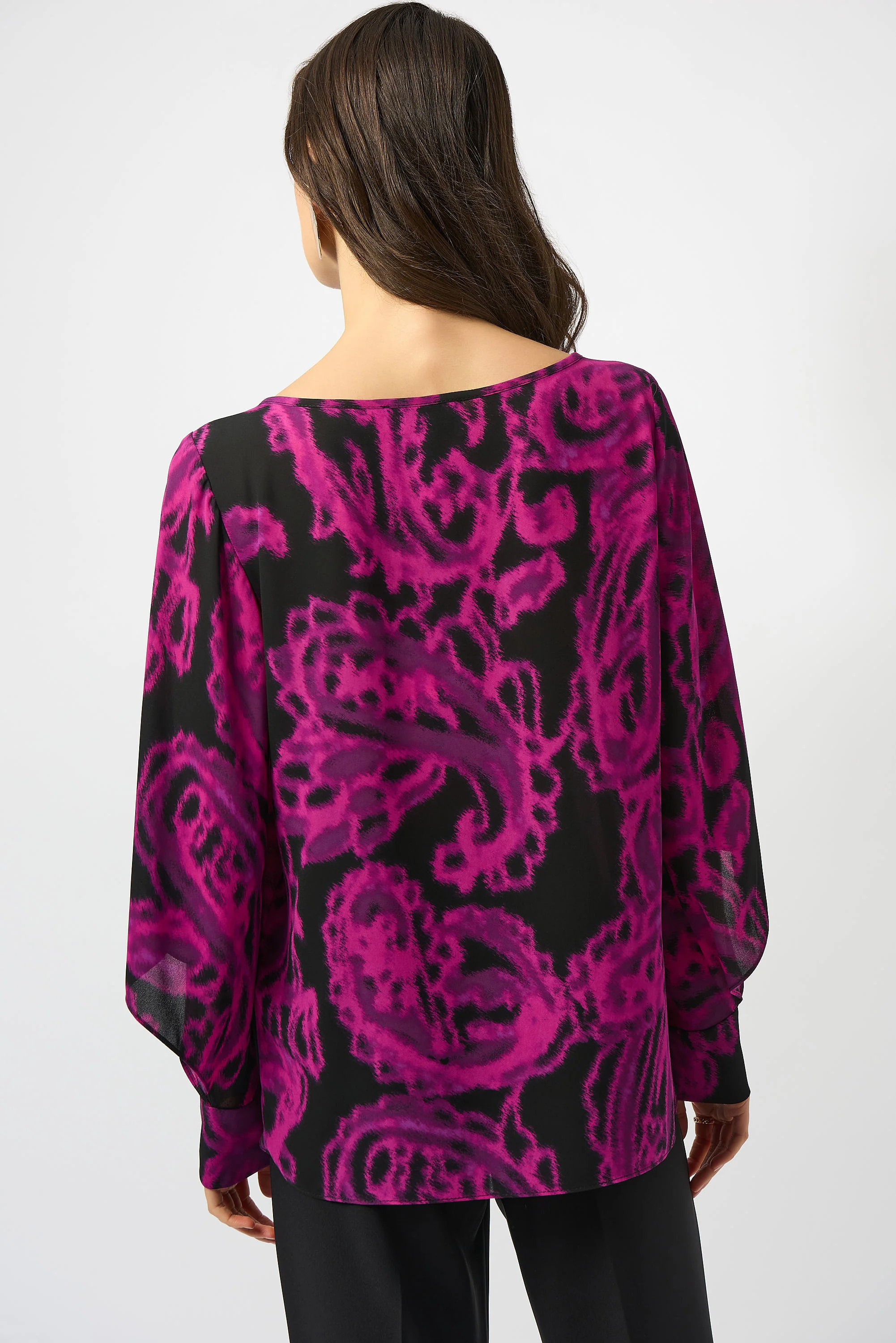 Joseph Ribkoff Black/Cosmos Georgette Paisley Print Straight Top Style 253086 - Image 4