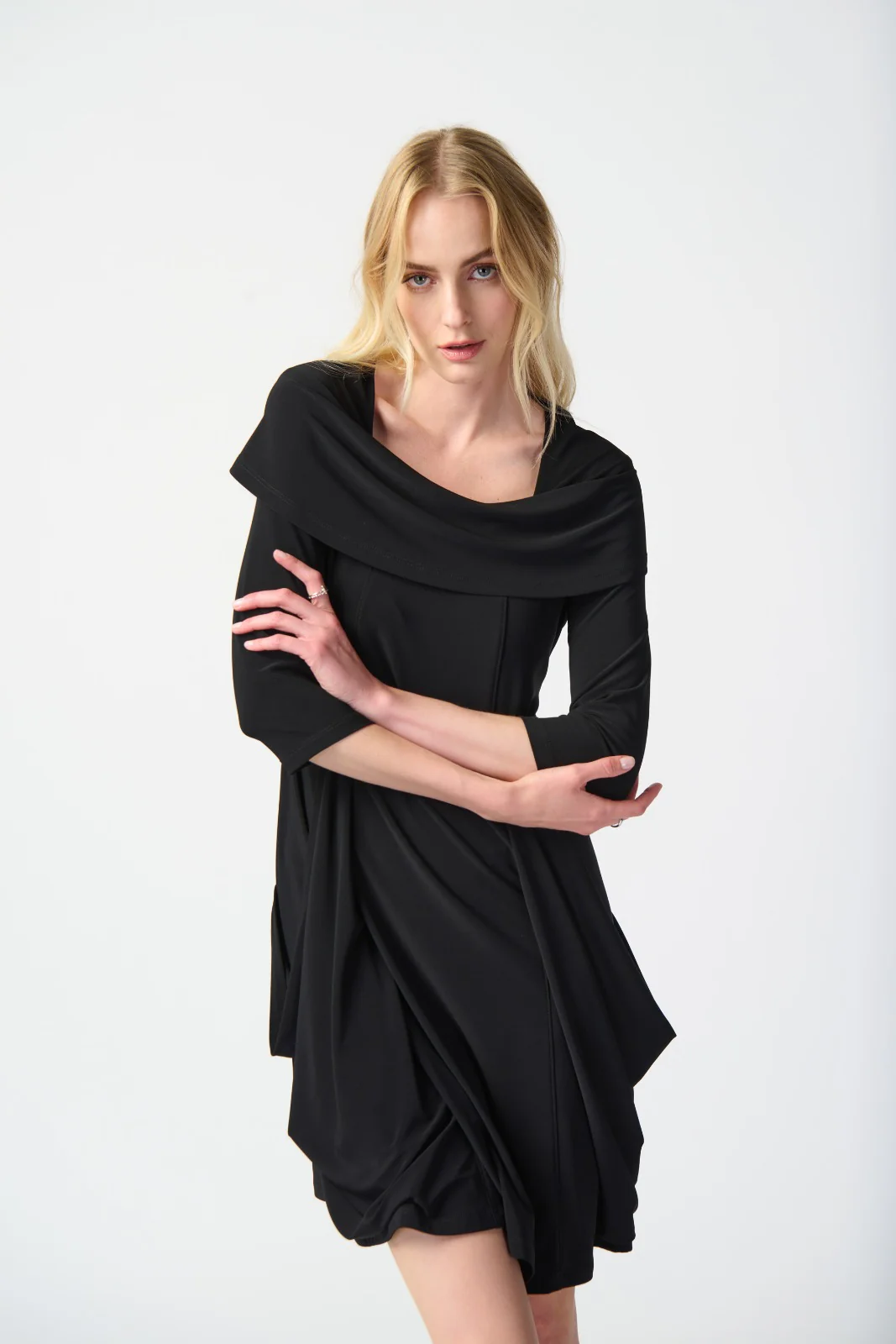 Joseph Ribkoff Black Cowl Collar Cocoon Dress Style 241082 - Image 3