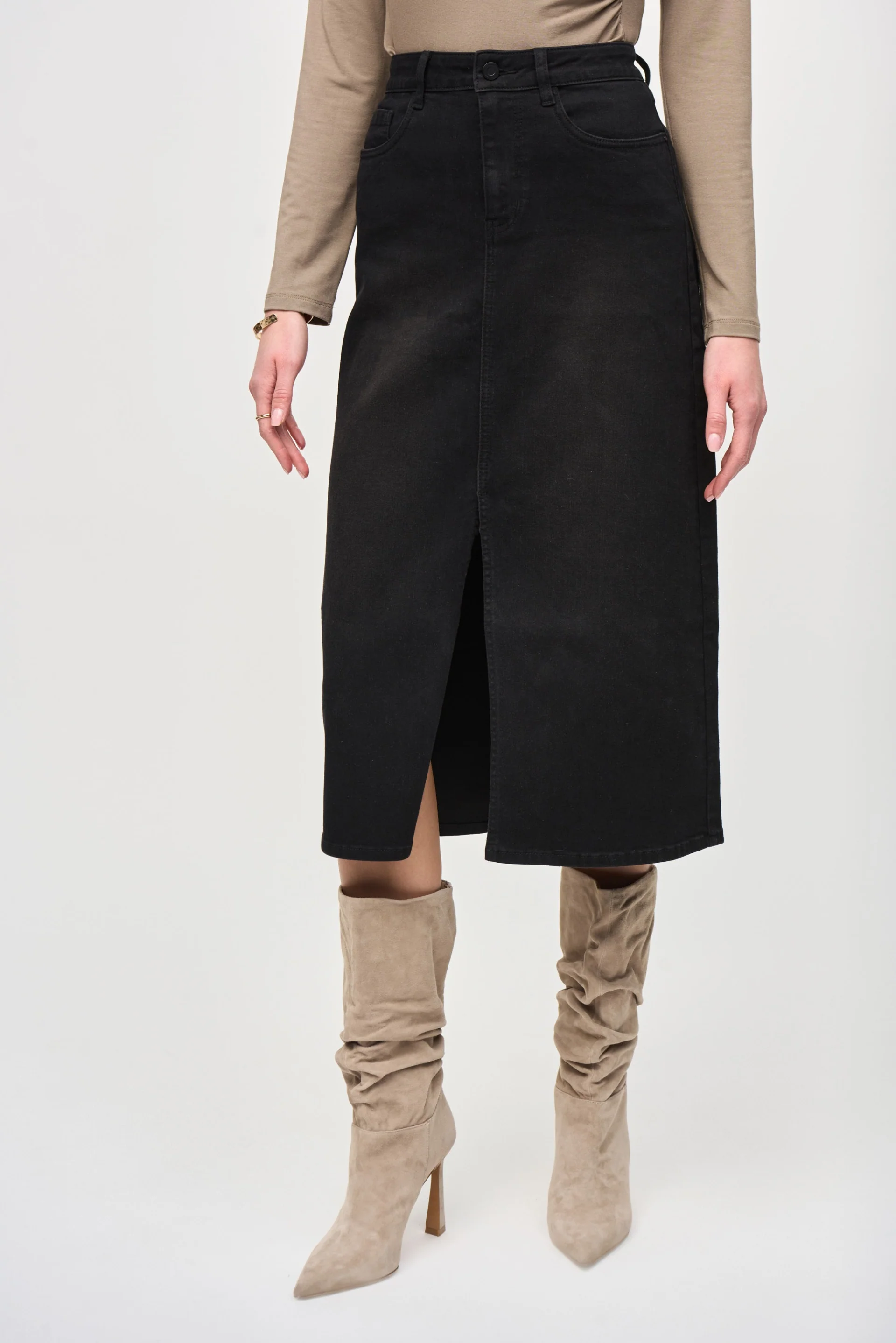 Joseph Ribkoff Black Denim Front Slit Midi Skirt Style 243963 - Image 3