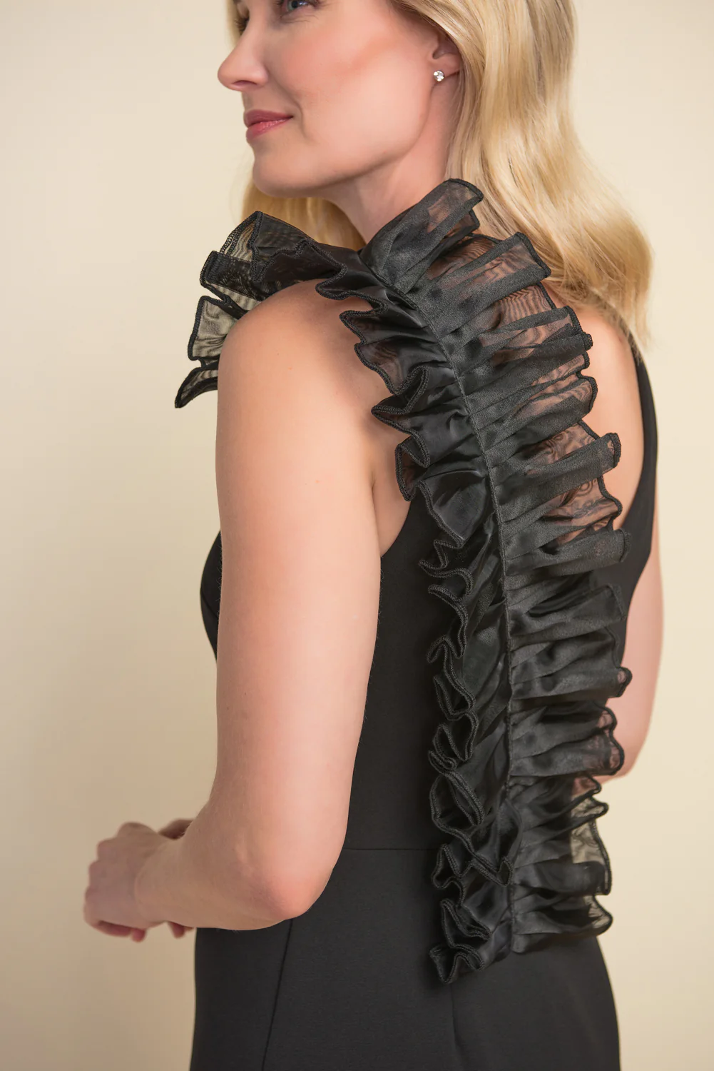 Joseph Ribkoff Black Ruffle Shoulder Dress Style 212074 - Image 3