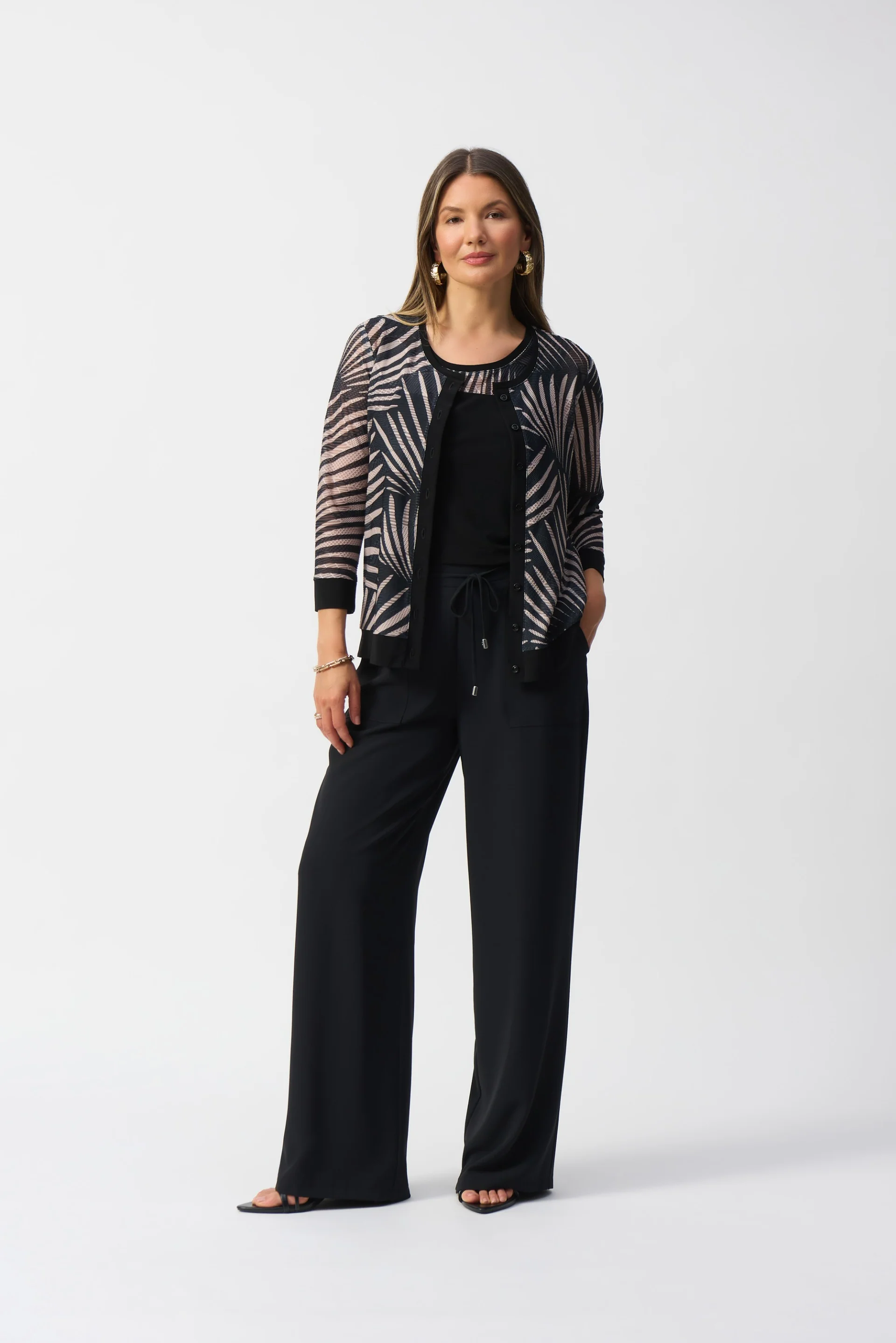 Joseph Ribkoff Black/Dune Jacquard Tropical Print Jacket and Cami Set Style 251260 - Image 3
