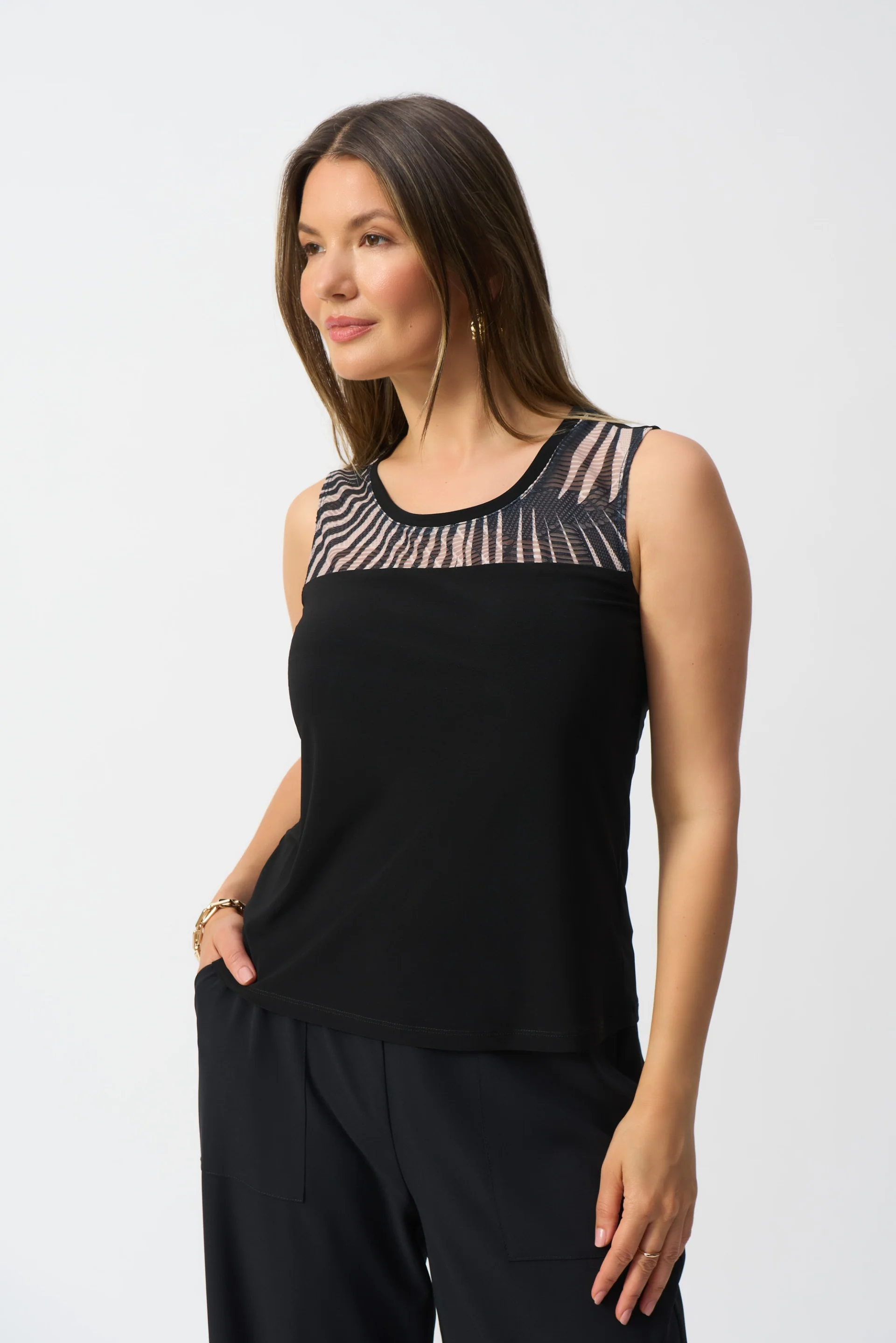Joseph Ribkoff Black/Dune Jacquard Tropical Print Jacket and Cami Set Style 251260 - Image 4