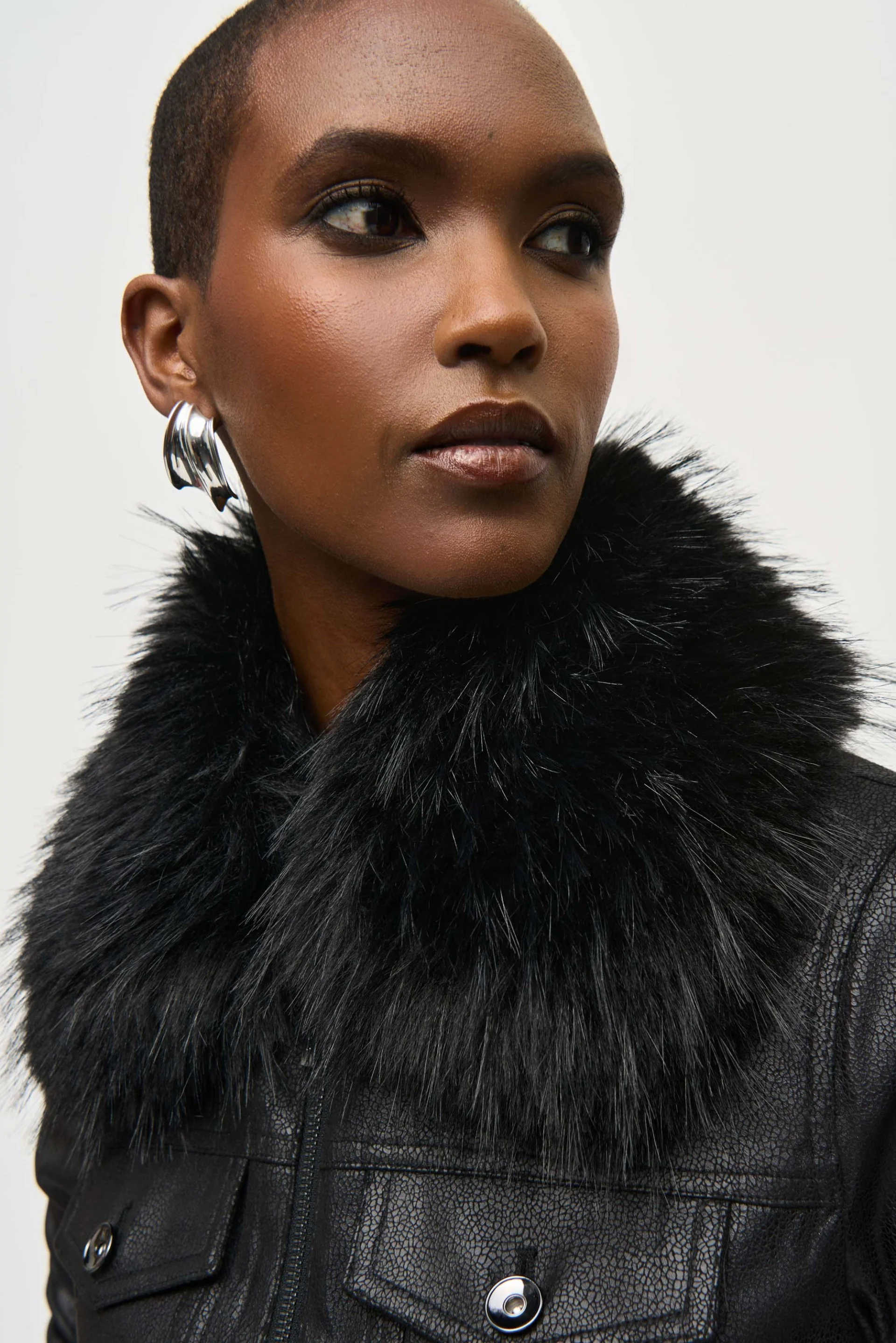 Joseph Ribkoff Black Faux Fur Collar Suede Jacket Style 243907 - Image 2