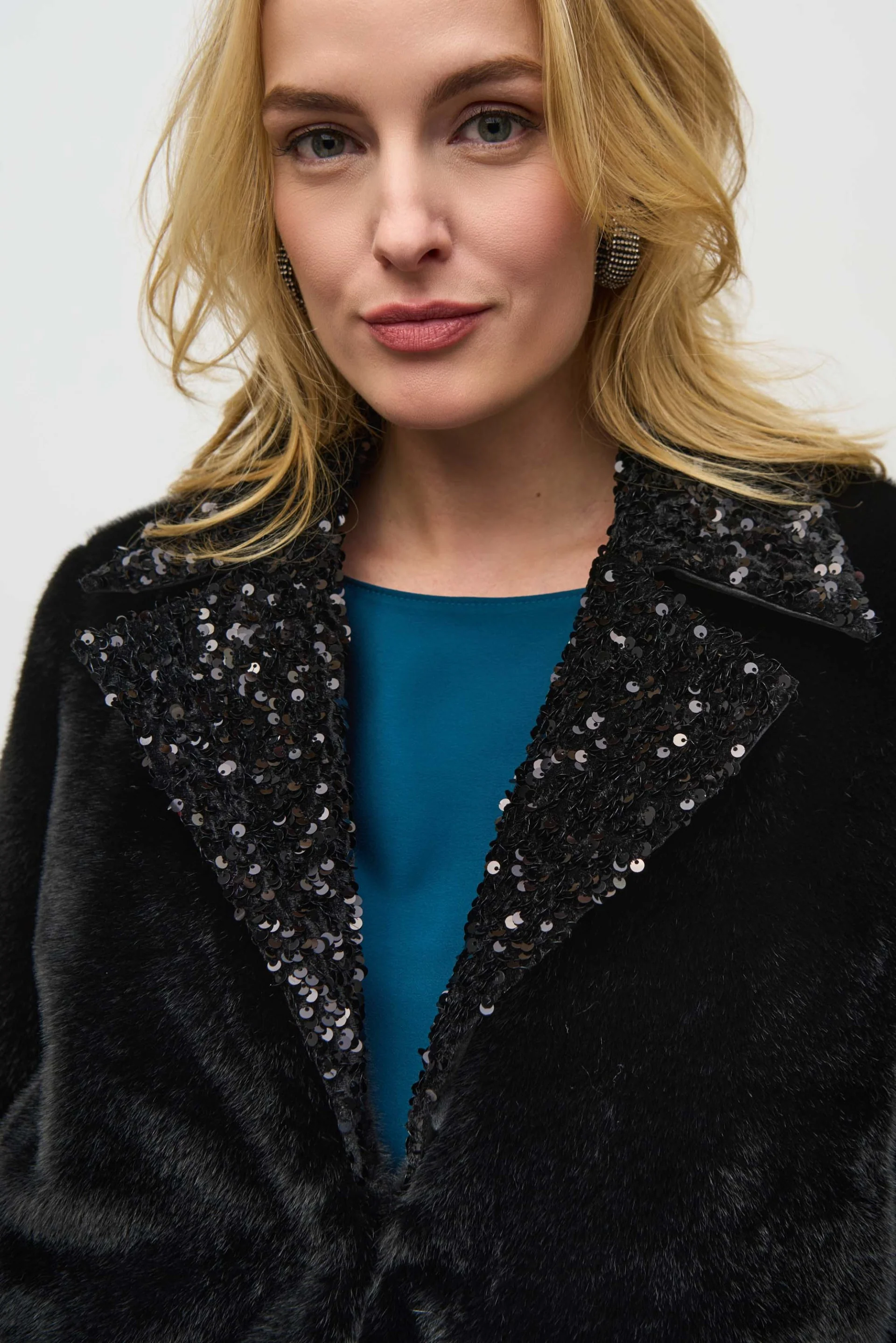 Joseph Ribkoff Black Faux Fur Jacket with Sequins Trim Style 244920 - Image 3