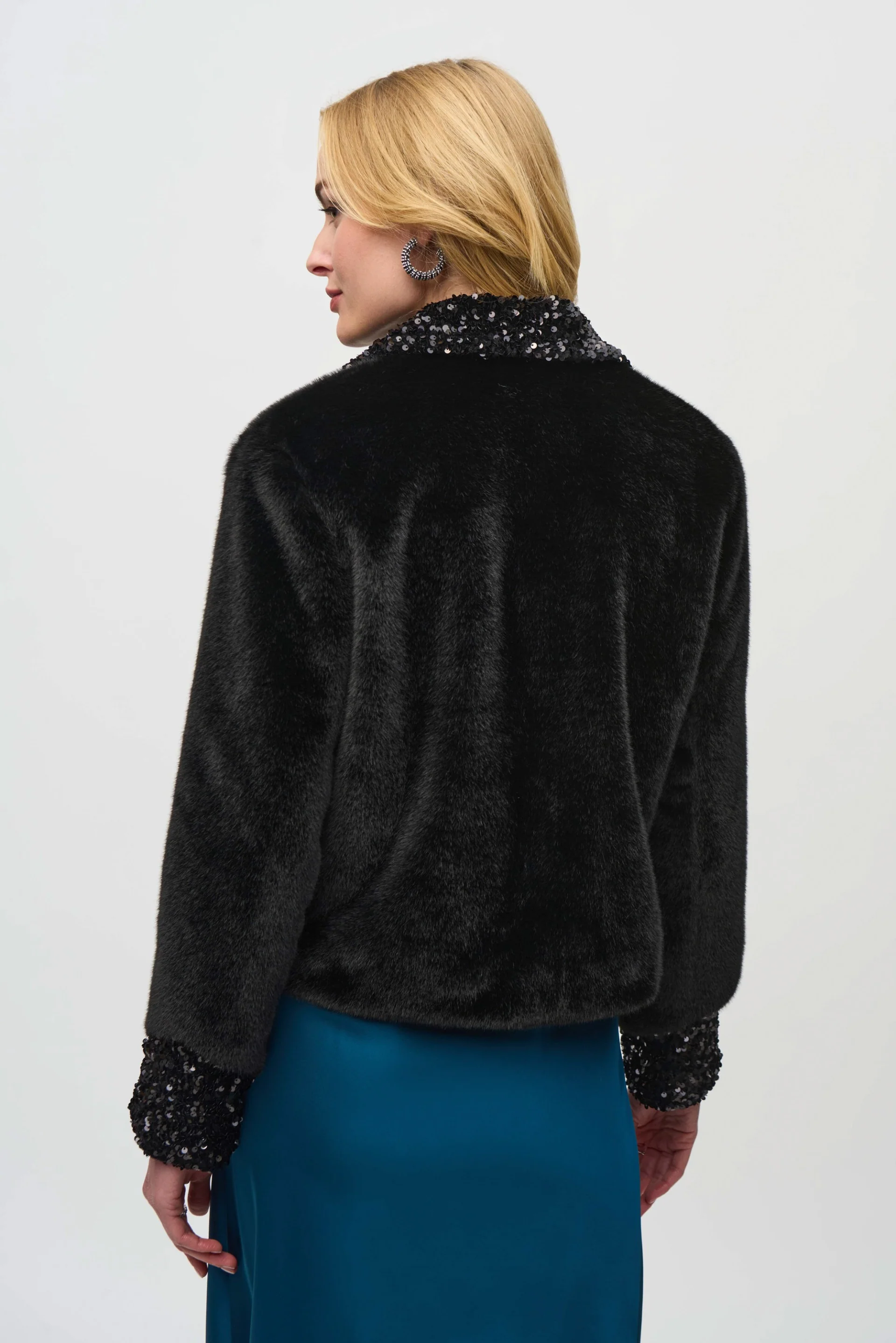 Joseph Ribkoff Black Faux Fur Jacket with Sequins Trim Style 244920 - Image 4
