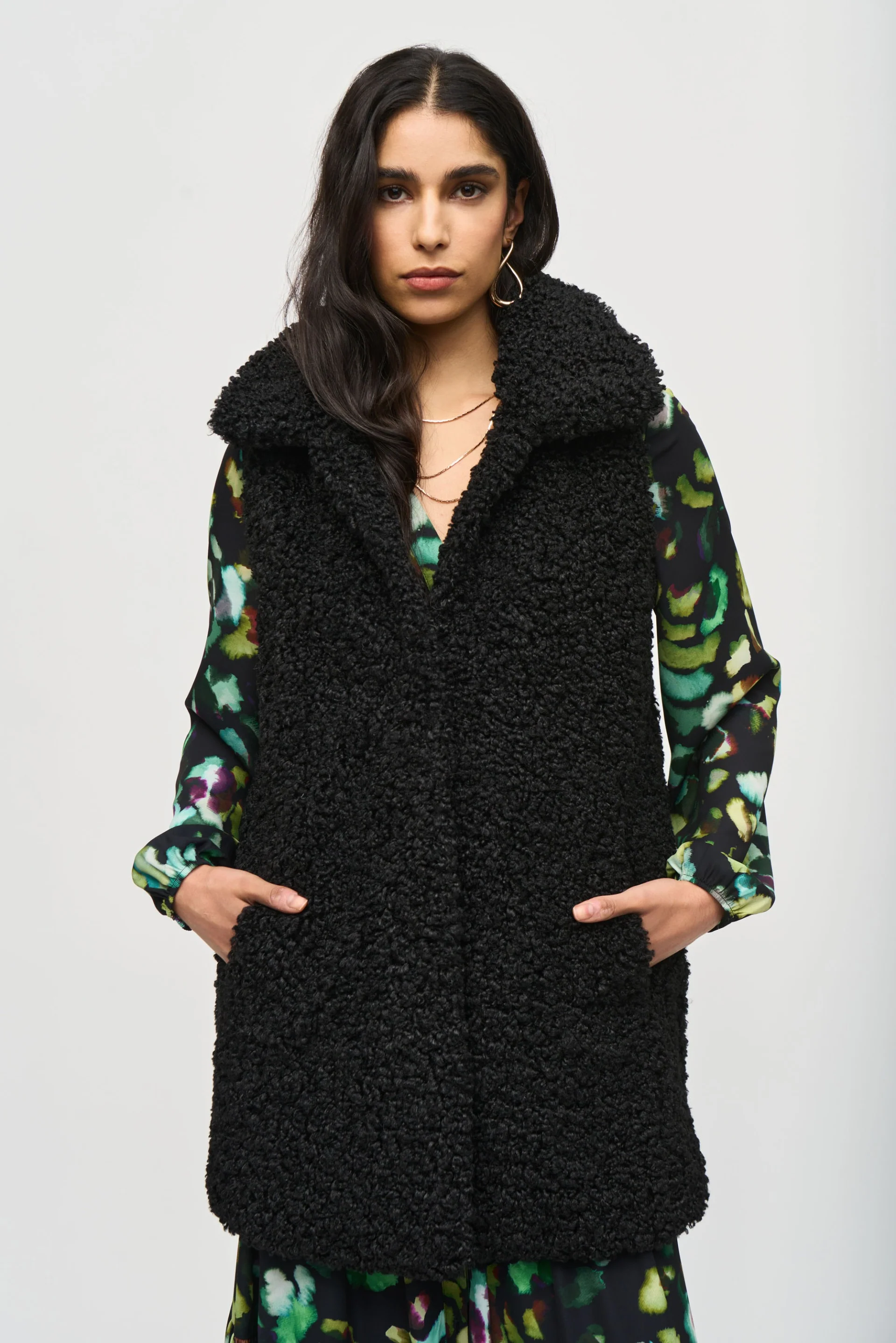 Joseph Ribkoff Black Faux Fur Sleeveless Vest Style 243908