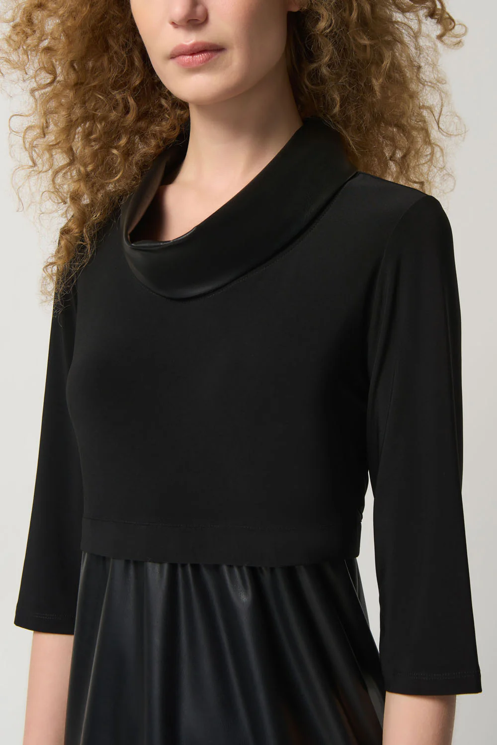 Joseph Ribkoff Black Faux-Leather and Knit Cocoon Dress Style 233091 - Image 2