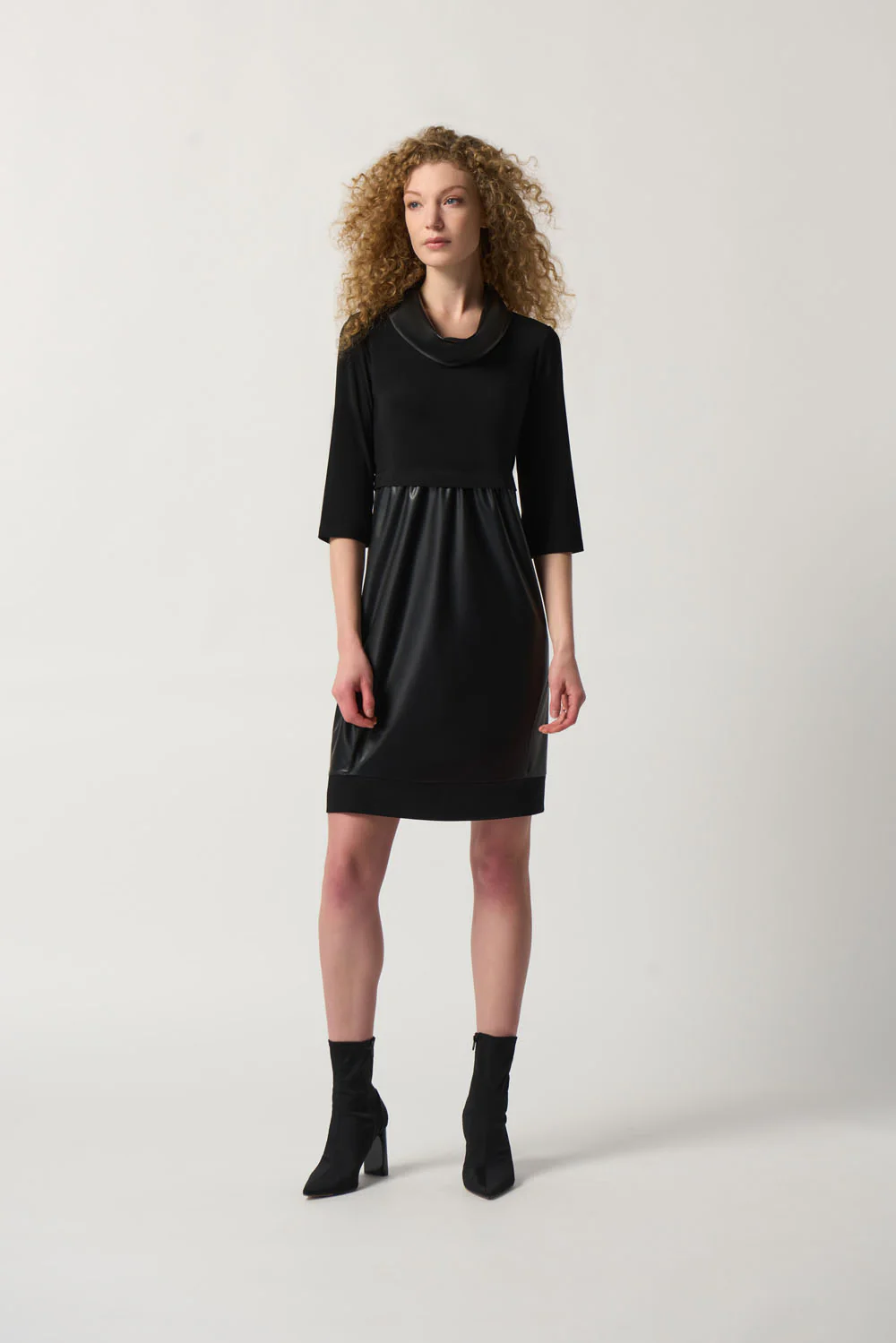 Joseph Ribkoff Black Faux-Leather and Knit Cocoon Dress Style 233091 - Image 3