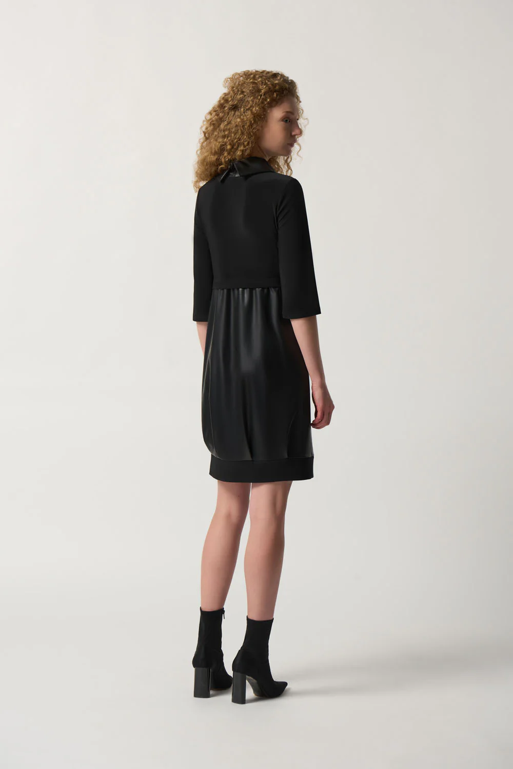 Joseph Ribkoff Black Faux-Leather and Knit Cocoon Dress Style 233091 - Image 4