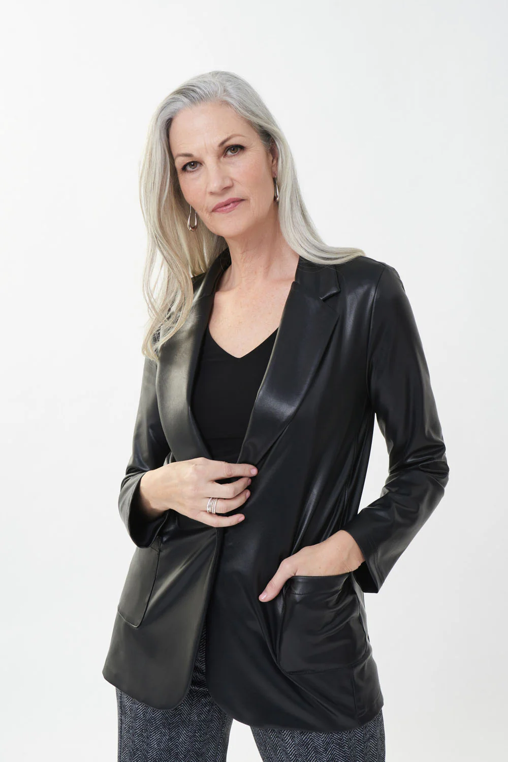 Joseph Ribkoff Black Faux Leather Blazer Style 223090 - Image 2