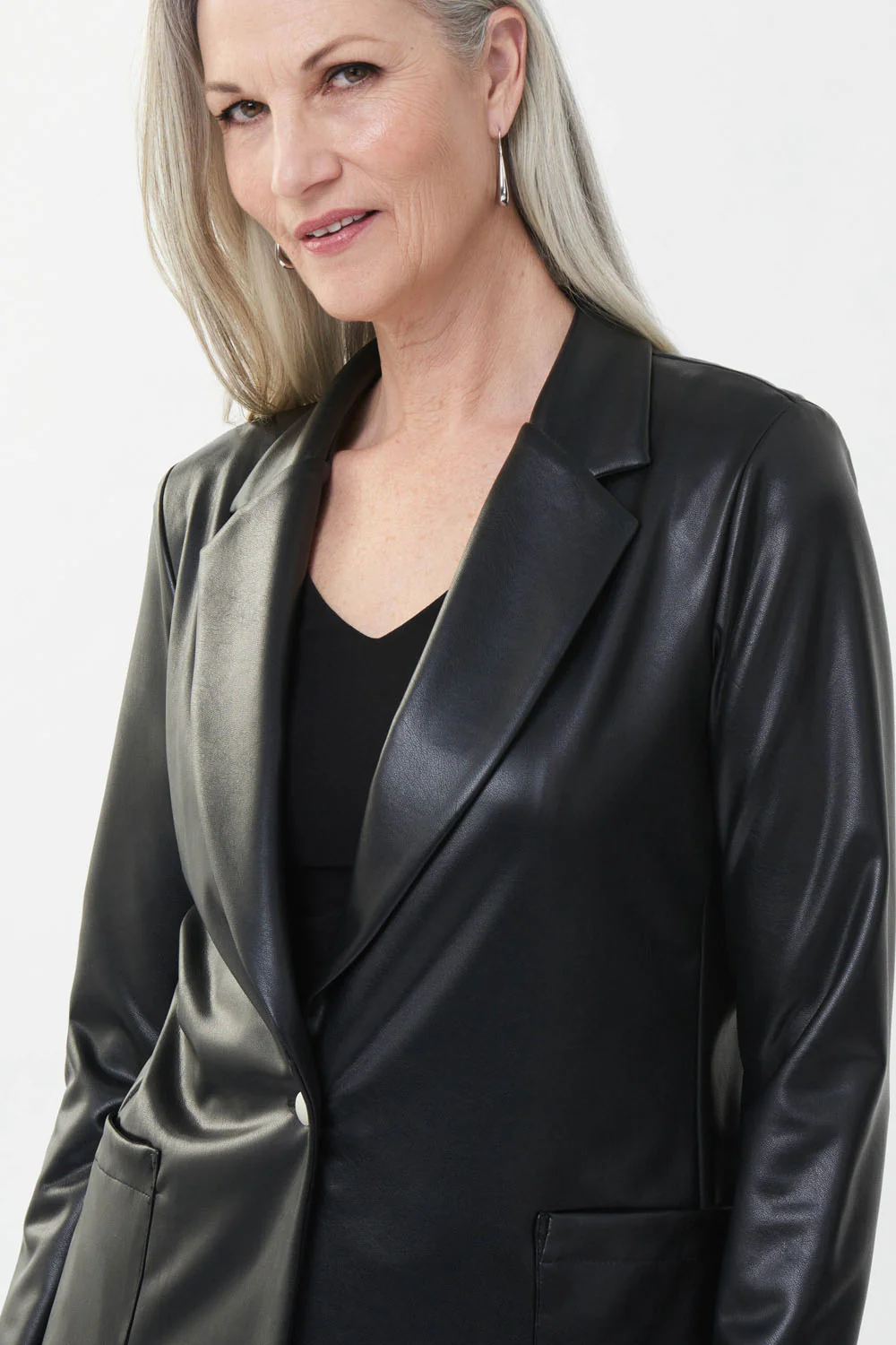 Joseph Ribkoff Black Faux Leather Blazer Style 223090 - Image 3