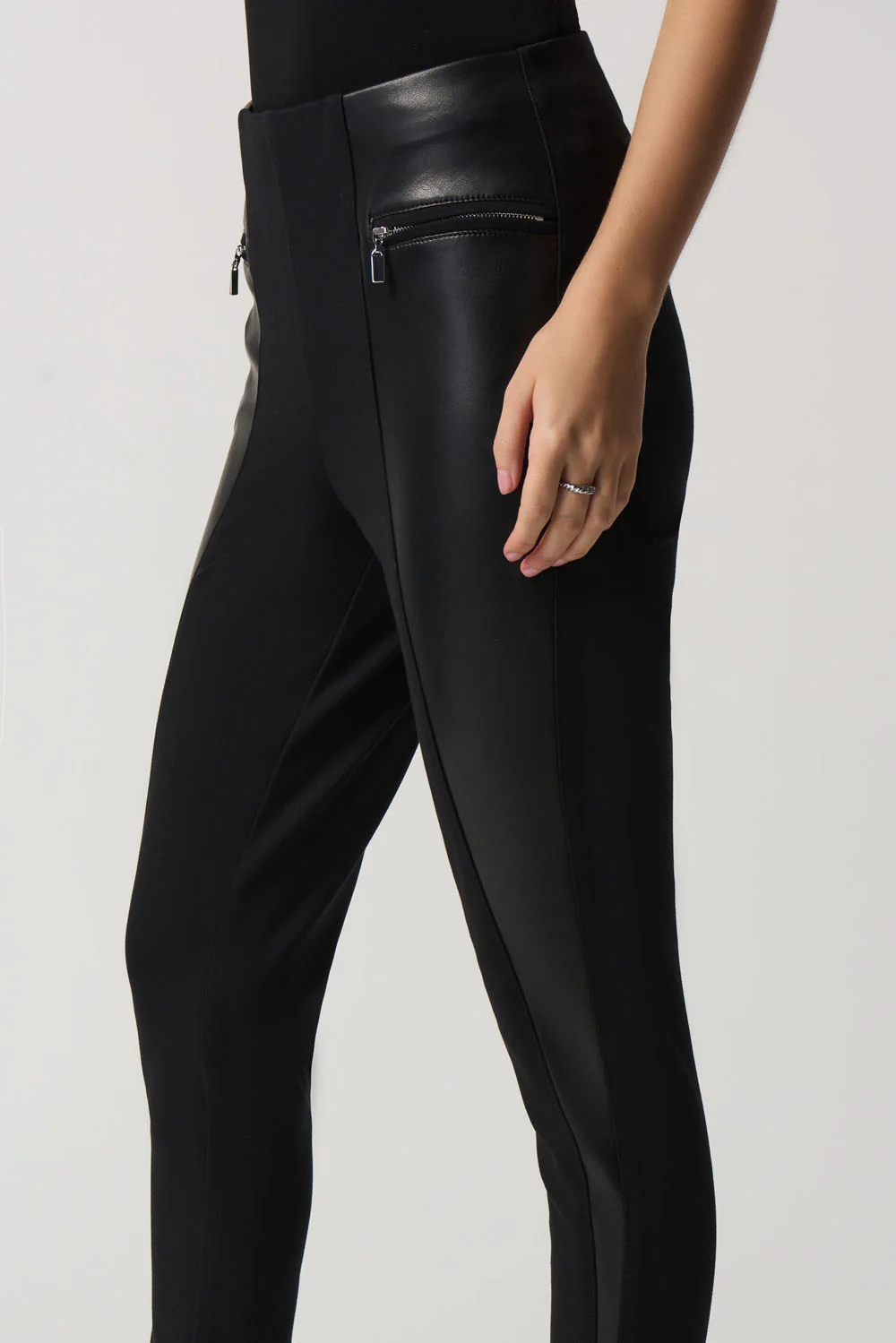 Joseph Ribkoff Black Faux-Leather Panel Leggings Style 233012 - Image 2