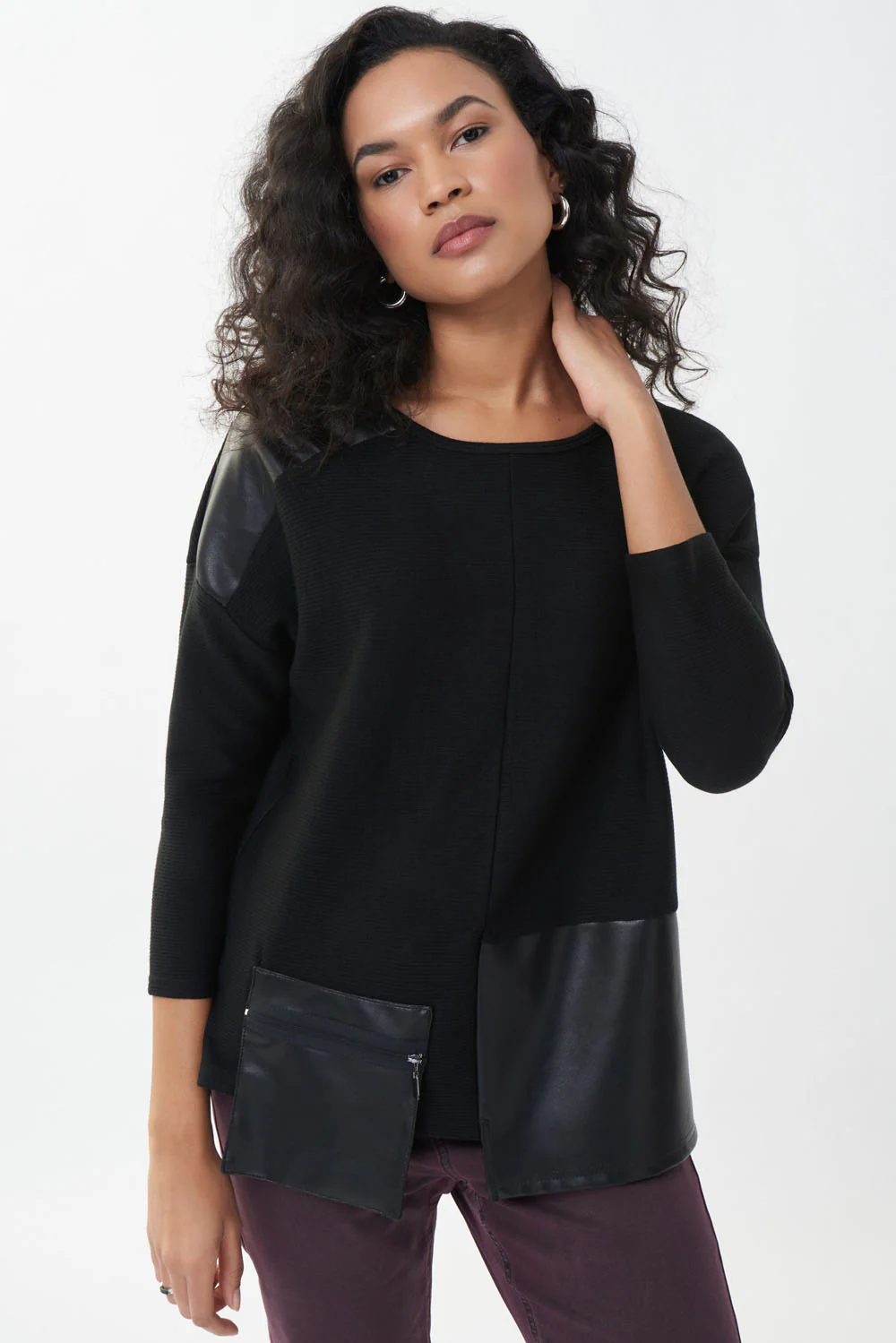 Joseph Ribkoff Black Faux Leather Patch Top Style 223025 - Image 2