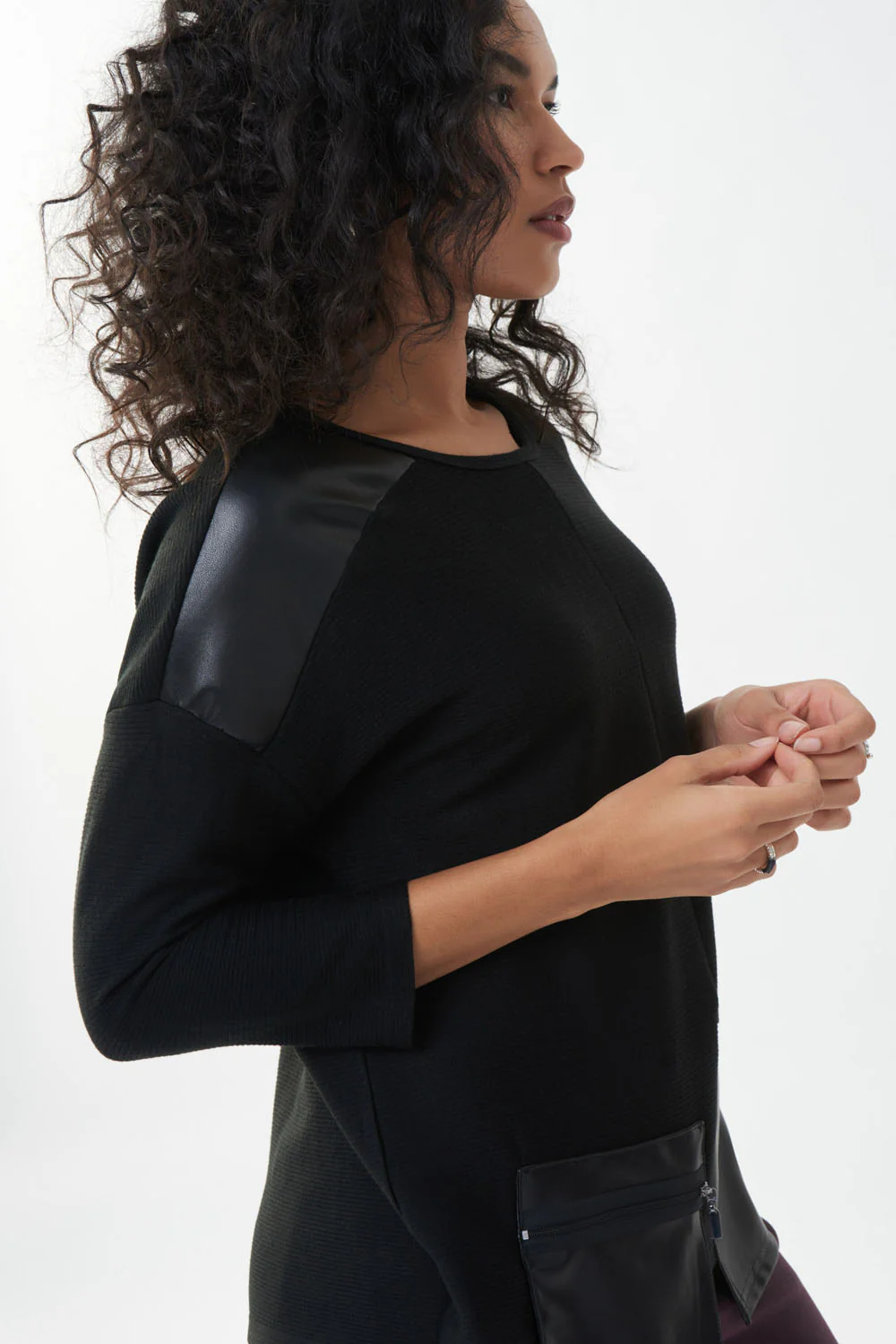 Joseph Ribkoff Black Faux Leather Patch Top Style 223025 - Image 3