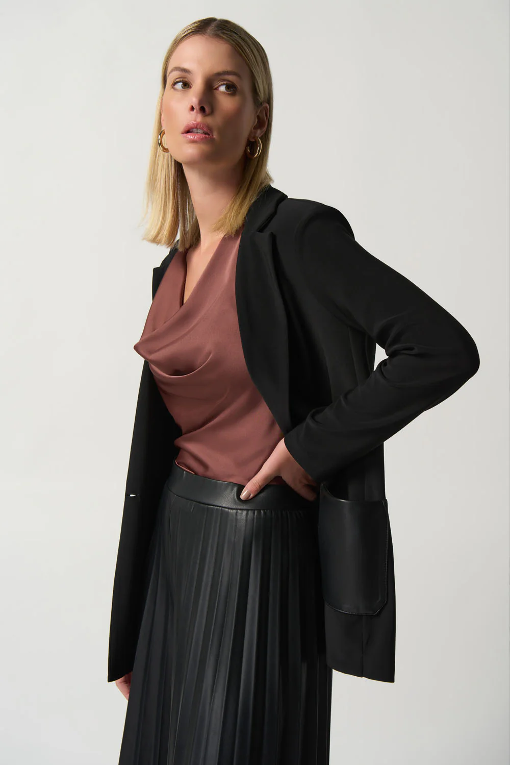 Joseph Ribkoff Black Faux-Leather Pocket Blazer Style 233108 - Image 2