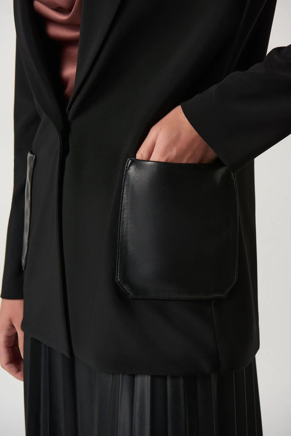 Joseph Ribkoff Black Faux-Leather Pocket Blazer Style 233108 - Image 3